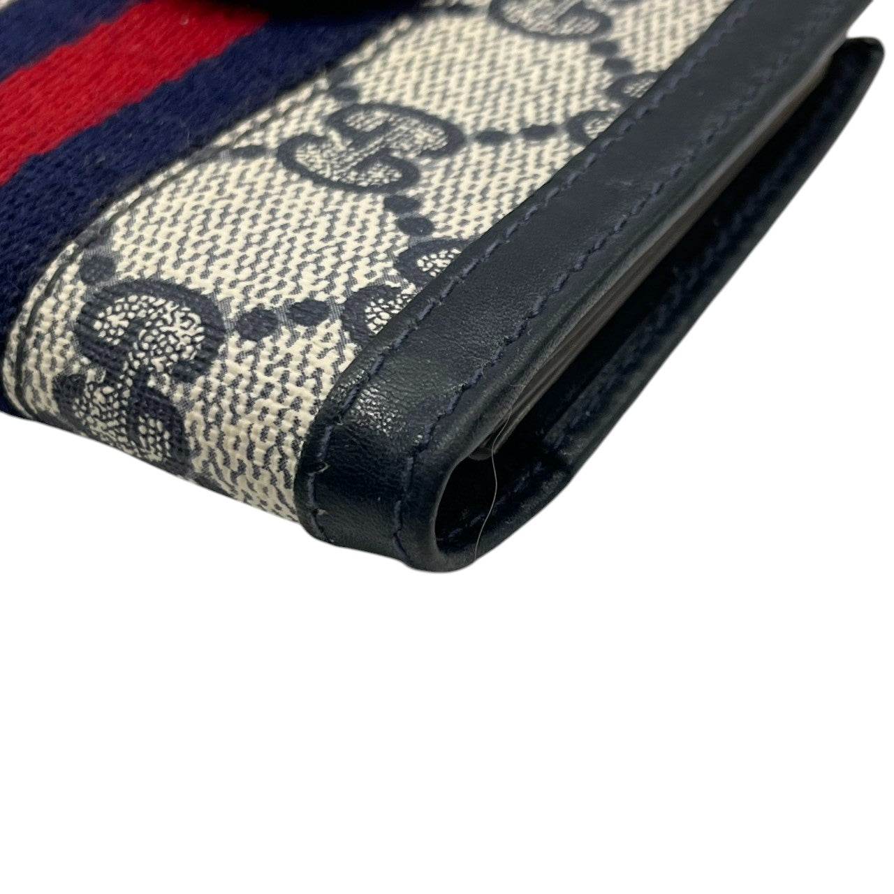 グッチ GUCCI カードケース 名刺入れ 二つ折り GGスプリーム シェリーライン インターロッキングG オールドグッチ PVC レザー ネイビー グレー ヴィンテージ レトロ クラシック メンズ レディース w5