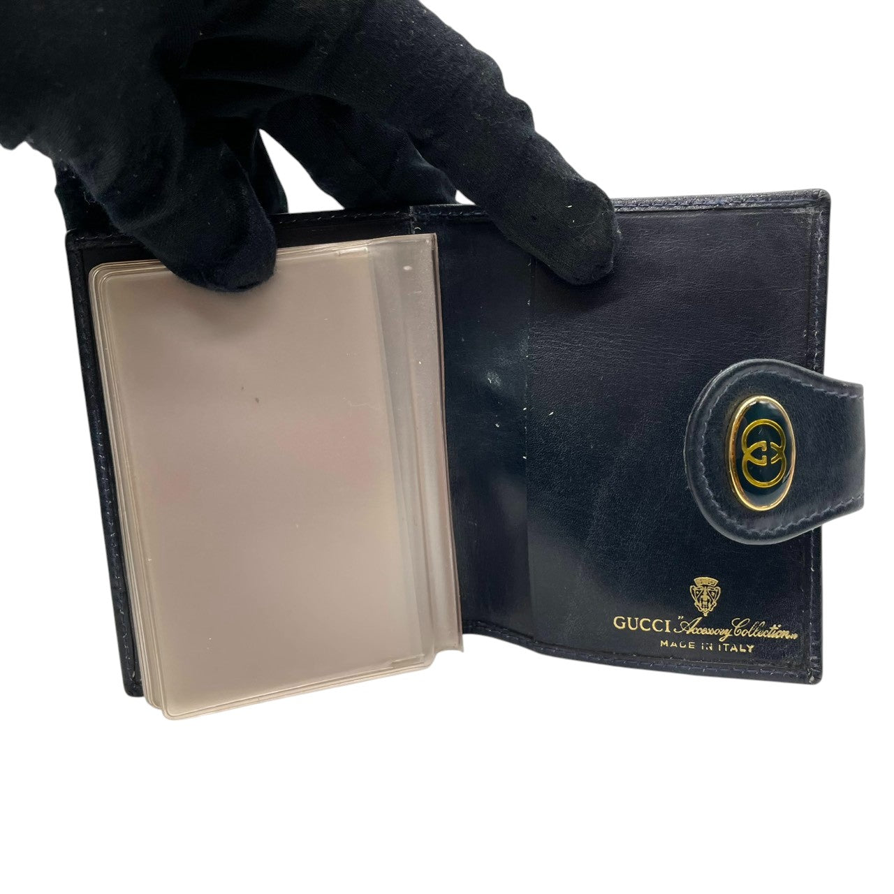グッチ GUCCI カードケース 名刺入れ 二つ折り GGスプリーム シェリーライン インターロッキングG オールドグッチ PVC レザー ネイビー グレー ヴィンテージ レトロ クラシック メンズ レディース w5