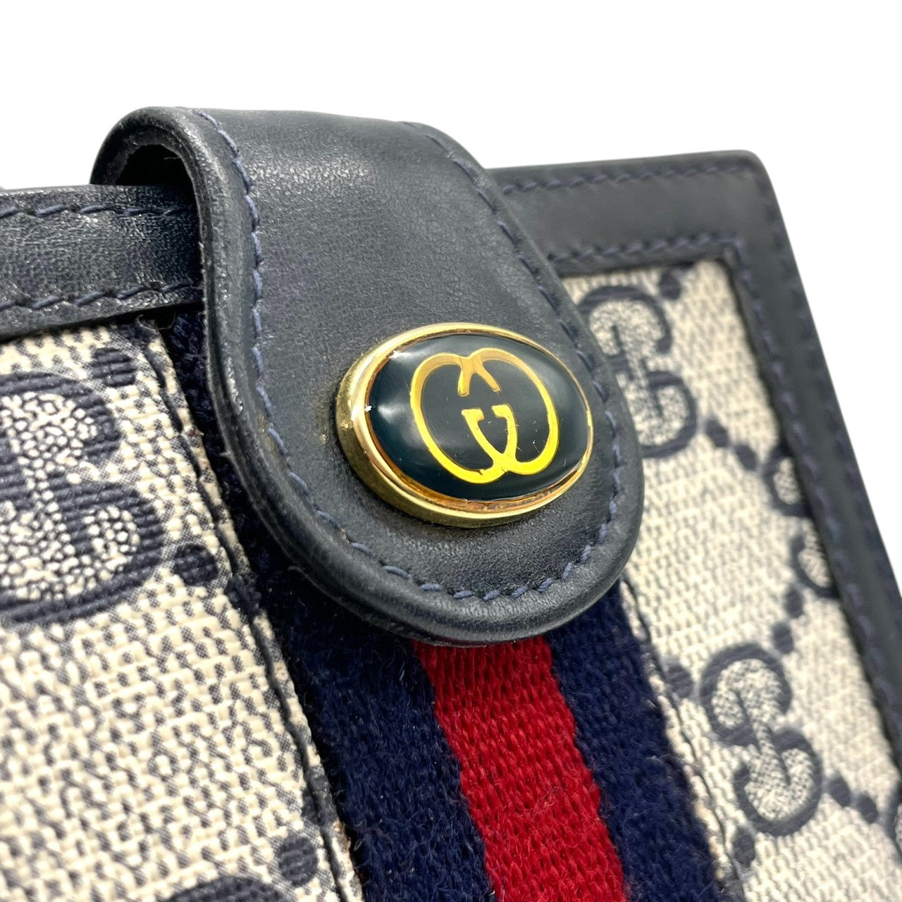 グッチ GUCCI カードケース 名刺入れ 二つ折り GGスプリーム シェリーライン インターロッキングG オールドグッチ PVC レザー ネイビー グレー ヴィンテージ レトロ クラシック メンズ レディース w5