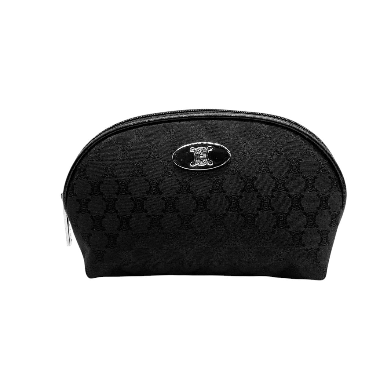 【未使用級】セリーヌ CELINE ポーチ 化粧ポーチ コスメポーチ 小物入れ トリオンフ マカダム 総柄 ロゴプレート ナイロン ブラック 黒 シルバー金具 レディース ノベルティ パルファム メイクポーチ トラベル 旅行 軽量 上品 エレガント 美品 m5