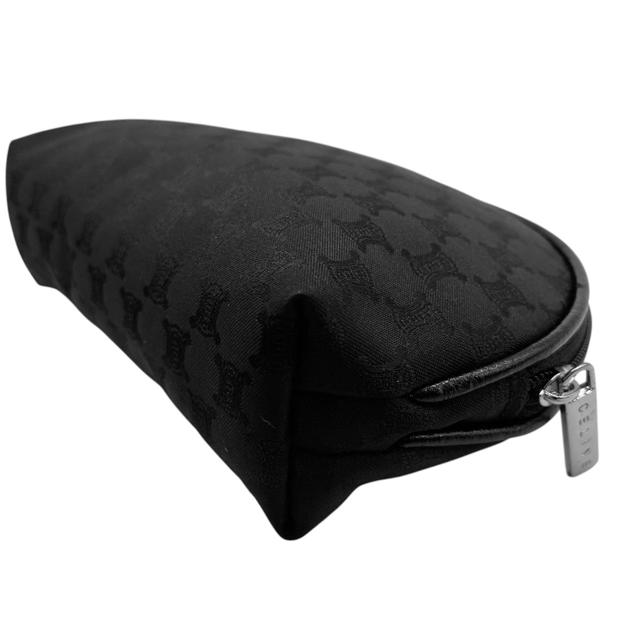 【未使用級】セリーヌ CELINE ポーチ 化粧ポーチ コスメポーチ 小物入れ トリオンフ マカダム 総柄 ロゴプレート ナイロン ブラック 黒 シルバー金具 レディース ノベルティ パルファム メイクポーチ トラベル 旅行 軽量 上品 エレガント 美品 m5