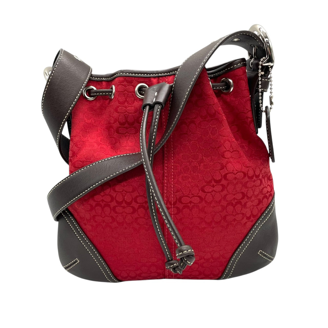 美品 コーチ COACH ショルダーバッグ 巾着 クロスボディ 斜め掛け ミニシグネチャー 6387 キャンバス レザー 本革 レッド 赤 ブラウン 茶色 ドローストリング バケットバッグ レディース 軽量 コンパクト 鞄 カバン カジュアル s11