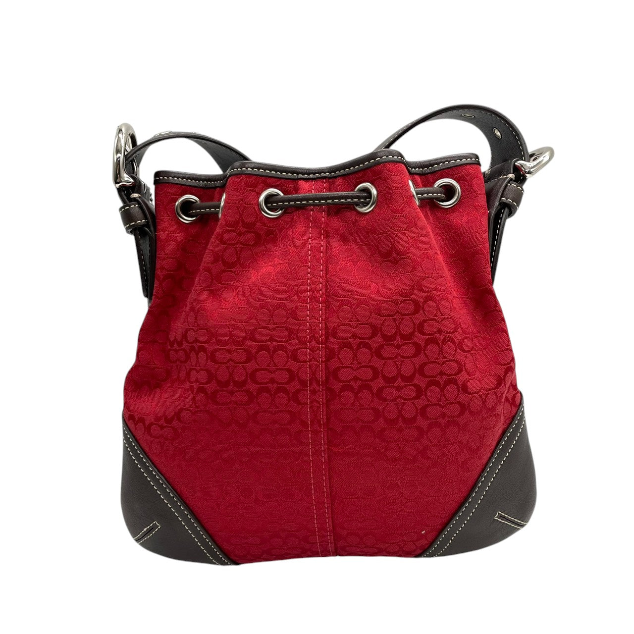 美品 コーチ COACH ショルダーバッグ 巾着 クロスボディ 斜め掛け ミニシグネチャー 6387 キャンバス レザー 本革 レッド 赤 ブラウン 茶色 ドローストリング バケットバッグ レディース 軽量 コンパクト 鞄 カバン カジュアル s11