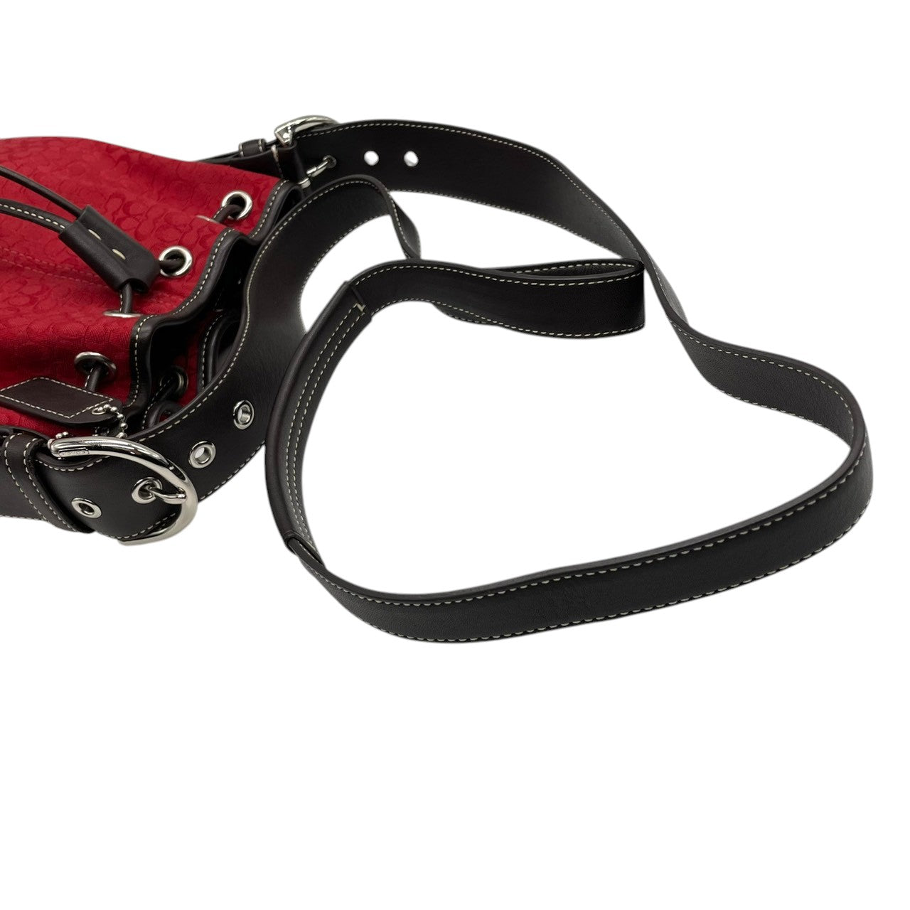 美品 コーチ COACH ショルダーバッグ 巾着 クロスボディ 斜め掛け ミニシグネチャー 6387 キャンバス レザー 本革 レッド 赤 ブラウン 茶色 ドローストリング バケットバッグ レディース 軽量 コンパクト 鞄 カバン カジュアル s11