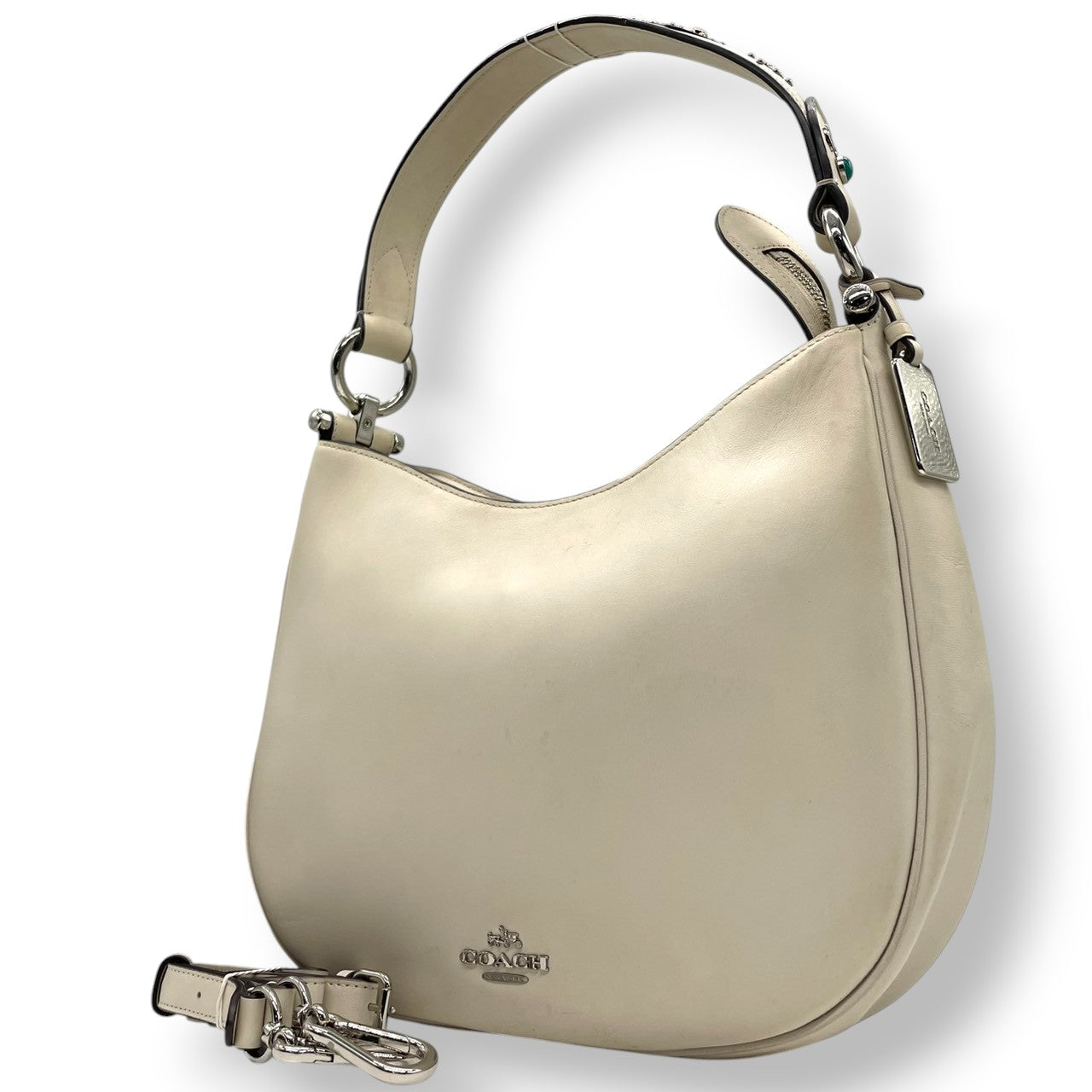 【美品】コーチ COACH チェルシー ホーボー 2WAY ショルダーバッグ 斜め掛け ワンショルダー ペブルドレザー 本革 アイボリー 白 シルバー金具 57119 シンプル 上品 エレガント レディース 鞄 カバン 通勤 通学 s91