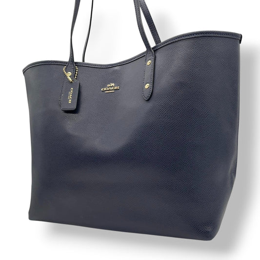 【美品】コーチ COACH シティ トートバッグ ショルダーバッグ 肩掛け ワンショルダー A4収納可 大容量 レザー 本革 クロスグレインレザー ネイビー 紺 ミッドナイト ゴールド金具 通勤 通学 ビジネス レディース 鞄 カバン E5