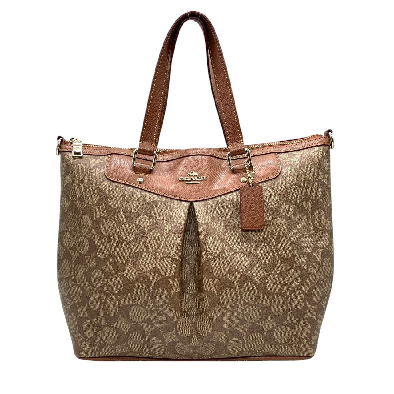 【未使用級】コーチ COACH シグネチャー 2WAY トートバッグ ショルダーバッグ 斜め掛け PVC レザー ブラウン 茶色 ゴールド金具 34614 A4収納可 大容量 ギャザー プリーツ 軽量 通勤 通学 ビジネス レディース 鞄 カバン E5
