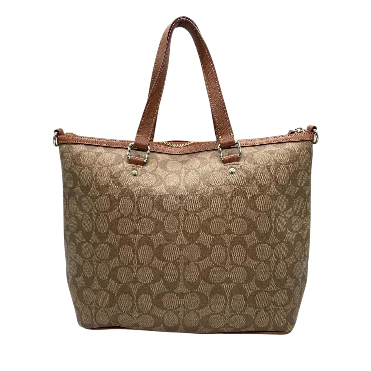 【未使用級】コーチ COACH シグネチャー 2WAY トートバッグ ショルダーバッグ 斜め掛け PVC レザー ブラウン 茶色 ゴールド金具 34614 A4収納可 大容量 ギャザー プリーツ 軽量 通勤 通学 ビジネス レディース 鞄 カバン E5