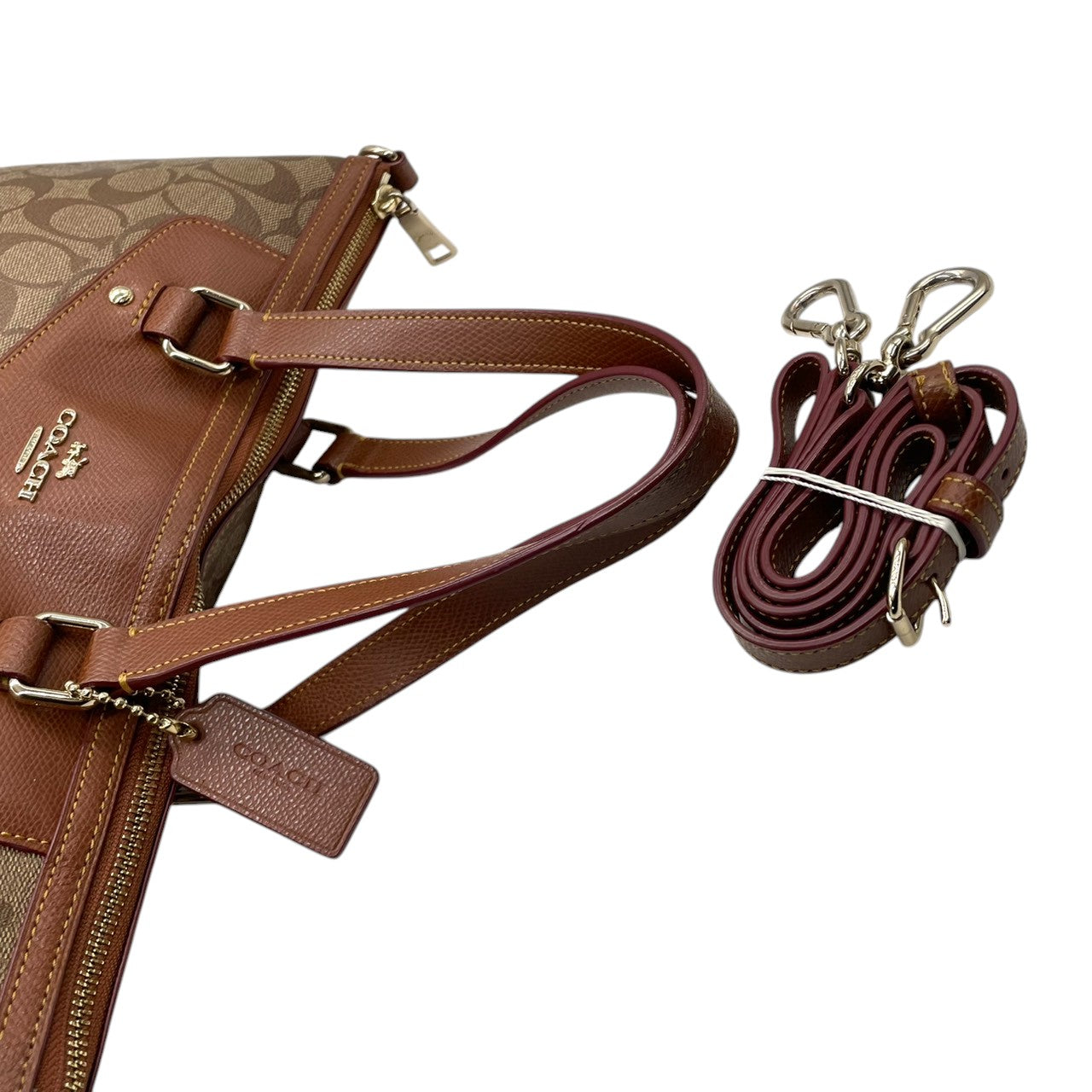 【未使用級】コーチ COACH シグネチャー 2WAY トートバッグ ショルダーバッグ 斜め掛け PVC レザー ブラウン 茶色 ゴールド金具 34614 A4収納可 大容量 ギャザー プリーツ 軽量 通勤 通学 ビジネス レディース 鞄 カバン E5