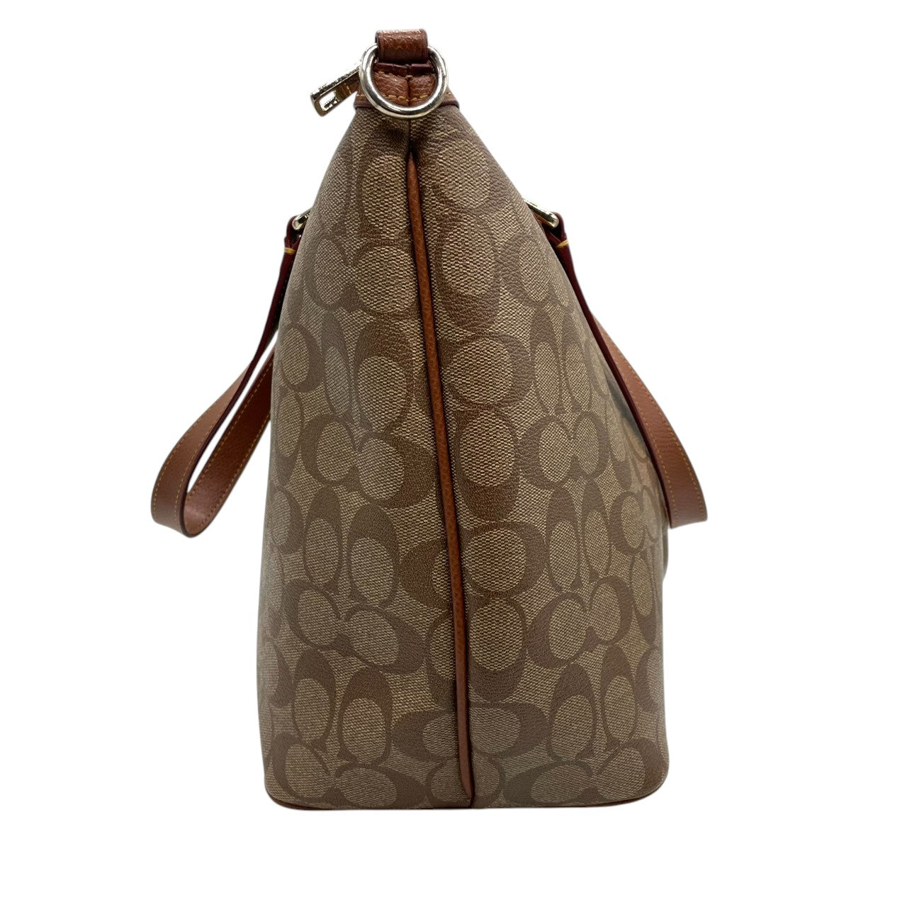 【未使用級】コーチ COACH シグネチャー 2WAY トートバッグ ショルダーバッグ 斜め掛け PVC レザー ブラウン 茶色 ゴールド金具 34614 A4収納可 大容量 ギャザー プリーツ 軽量 通勤 通学 ビジネス レディース 鞄 カバン E5