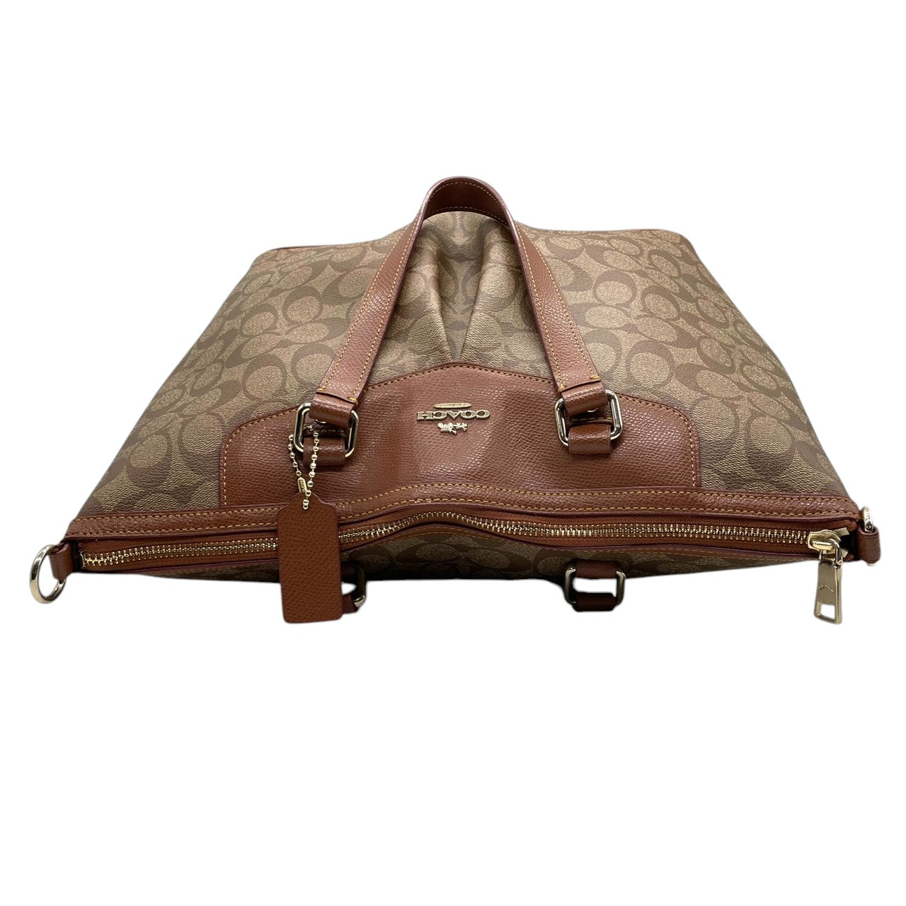 【未使用級】コーチ COACH シグネチャー 2WAY トートバッグ ショルダーバッグ 斜め掛け PVC レザー ブラウン 茶色 ゴールド金具 34614 A4収納可 大容量 ギャザー プリーツ 軽量 通勤 通学 ビジネス レディース 鞄 カバン E5
