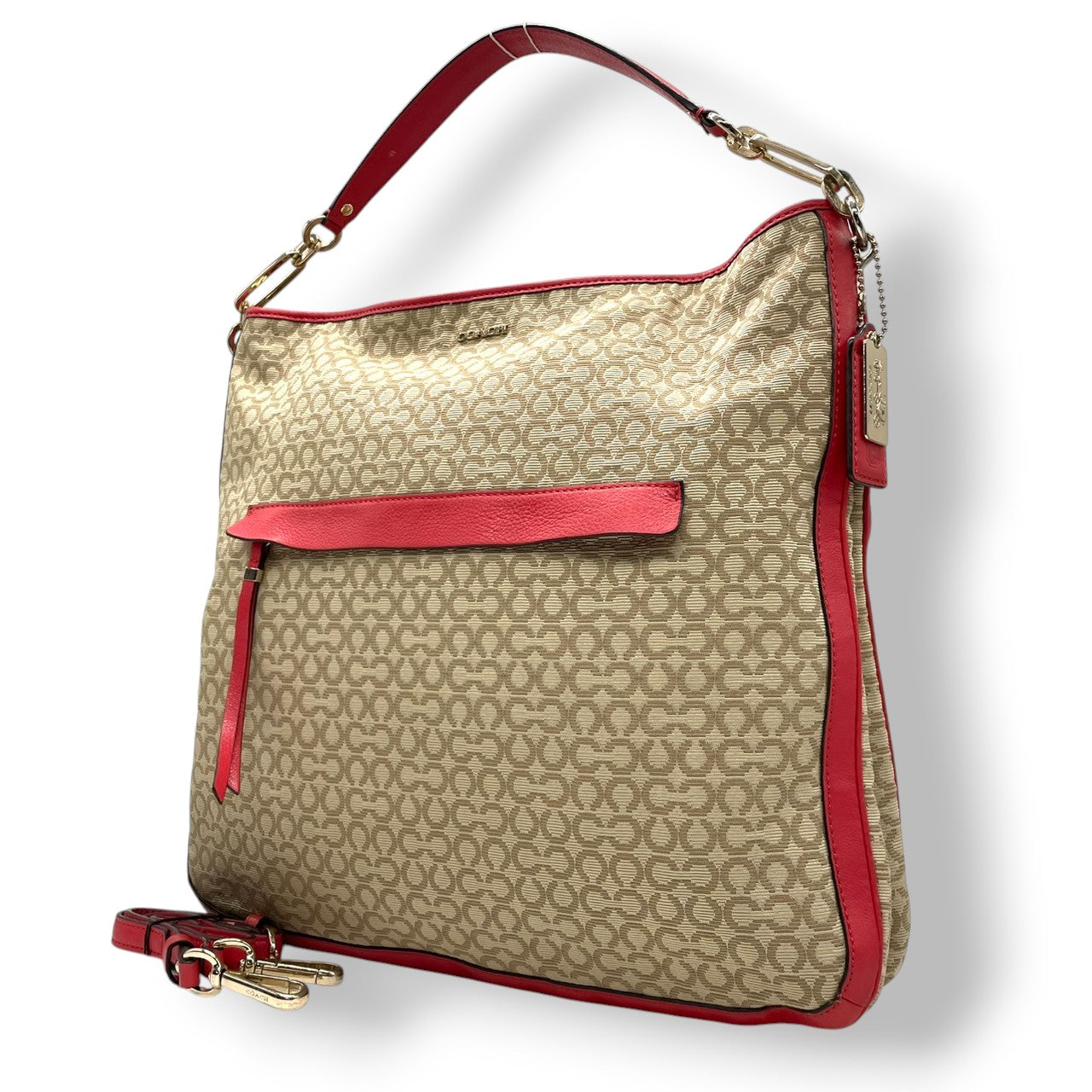 【美品】コーチ COACH マディソン ニードルポイント オプアート 2WAY ショルダーバッグ ハンドバッグ 斜め掛け キャンバス レザー ベージュ 赤 レッド 27904 A4収納可 軽量 カジュアル レディース 鞄 カバン E5