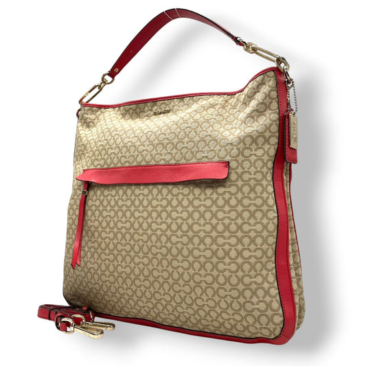 【美品】コーチ COACH マディソン ニードルポイント オプアート 2WAY ショルダーバッグ ハンドバッグ 斜め掛け キャンバス レザー ベージュ 赤 レッド 27904 A4収納可 軽量 カジュアル レディース 鞄 カバン E5