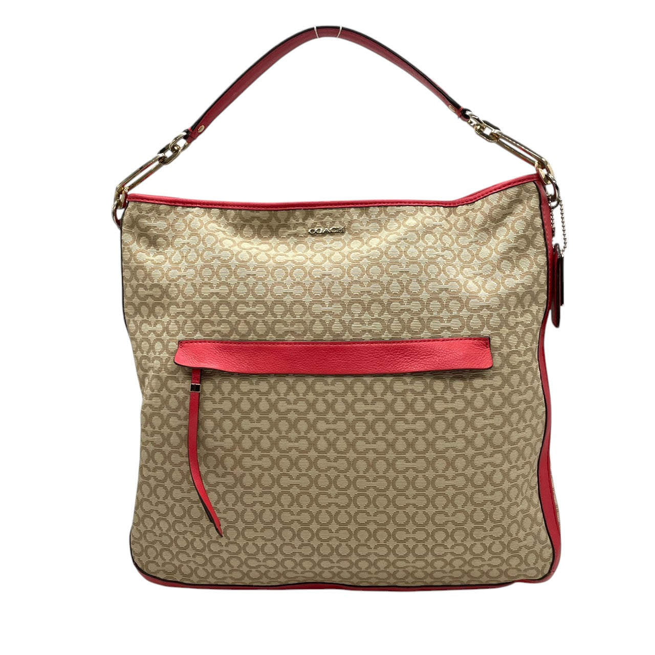 【美品】コーチ COACH マディソン ニードルポイント オプアート 2WAY ショルダーバッグ ハンドバッグ 斜め掛け キャンバス レザー ベージュ 赤 レッド 27904 A4収納可 軽量 カジュアル レディース 鞄 カバン E5