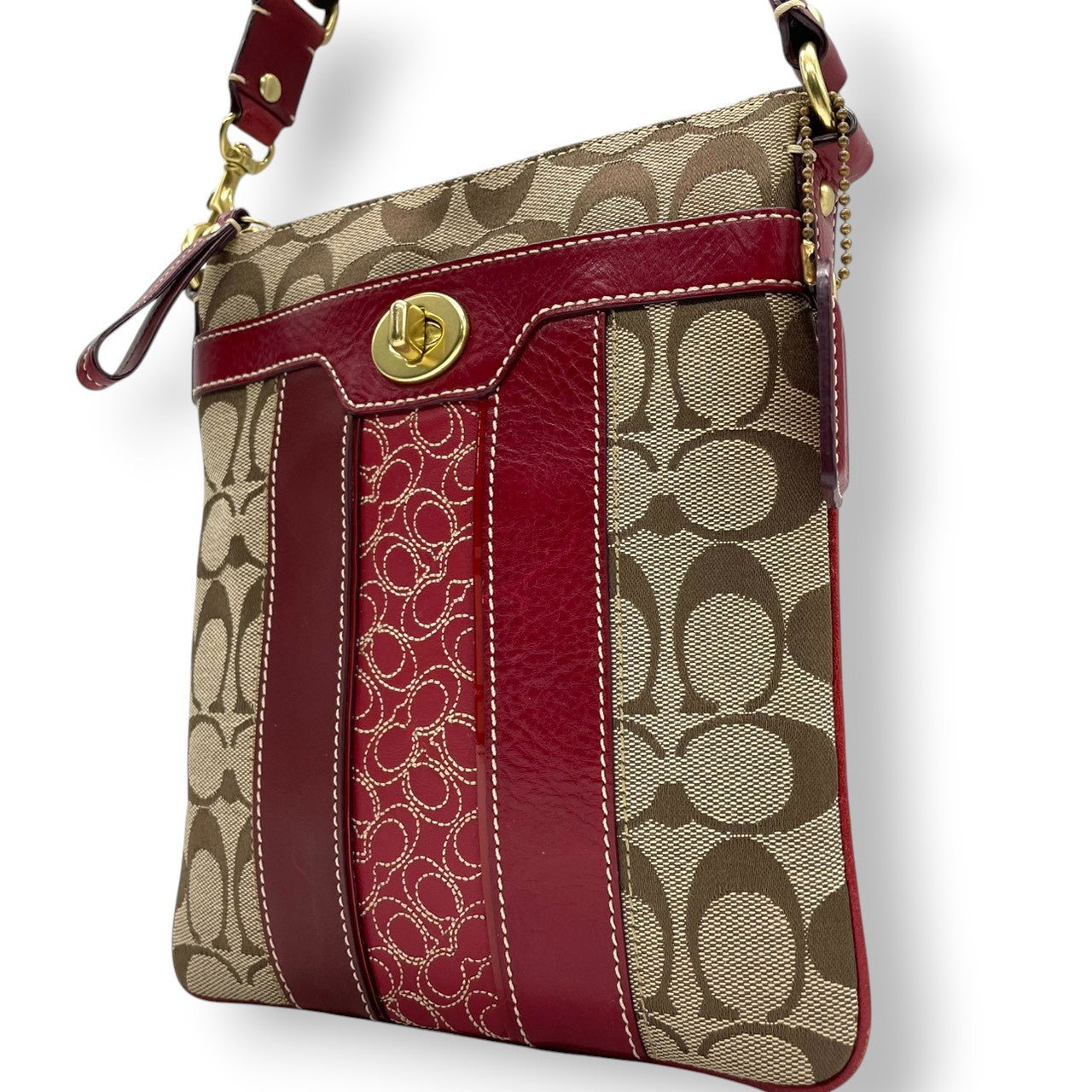 【美品】コーチ COACH クリスティン シグネチャー スウィングパック ショルダーバッグ 斜め掛け ポシェット キャンバス レザー ブラウン レッド 赤 ターンロック 軽量 薄型 旅行 サブバッグ レディース 鞄 カバン E5