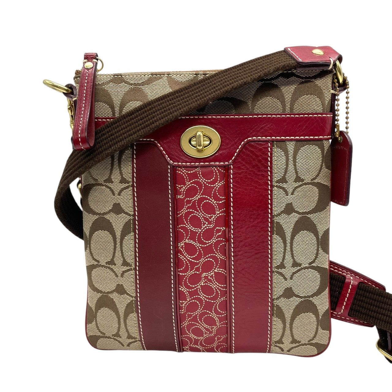 【美品】コーチ COACH クリスティン シグネチャー スウィングパック ショルダーバッグ 斜め掛け ポシェット キャンバス レザー ブラウン レッド 赤 ターンロック 軽量 薄型 旅行 サブバッグ レディース 鞄 カバン E5