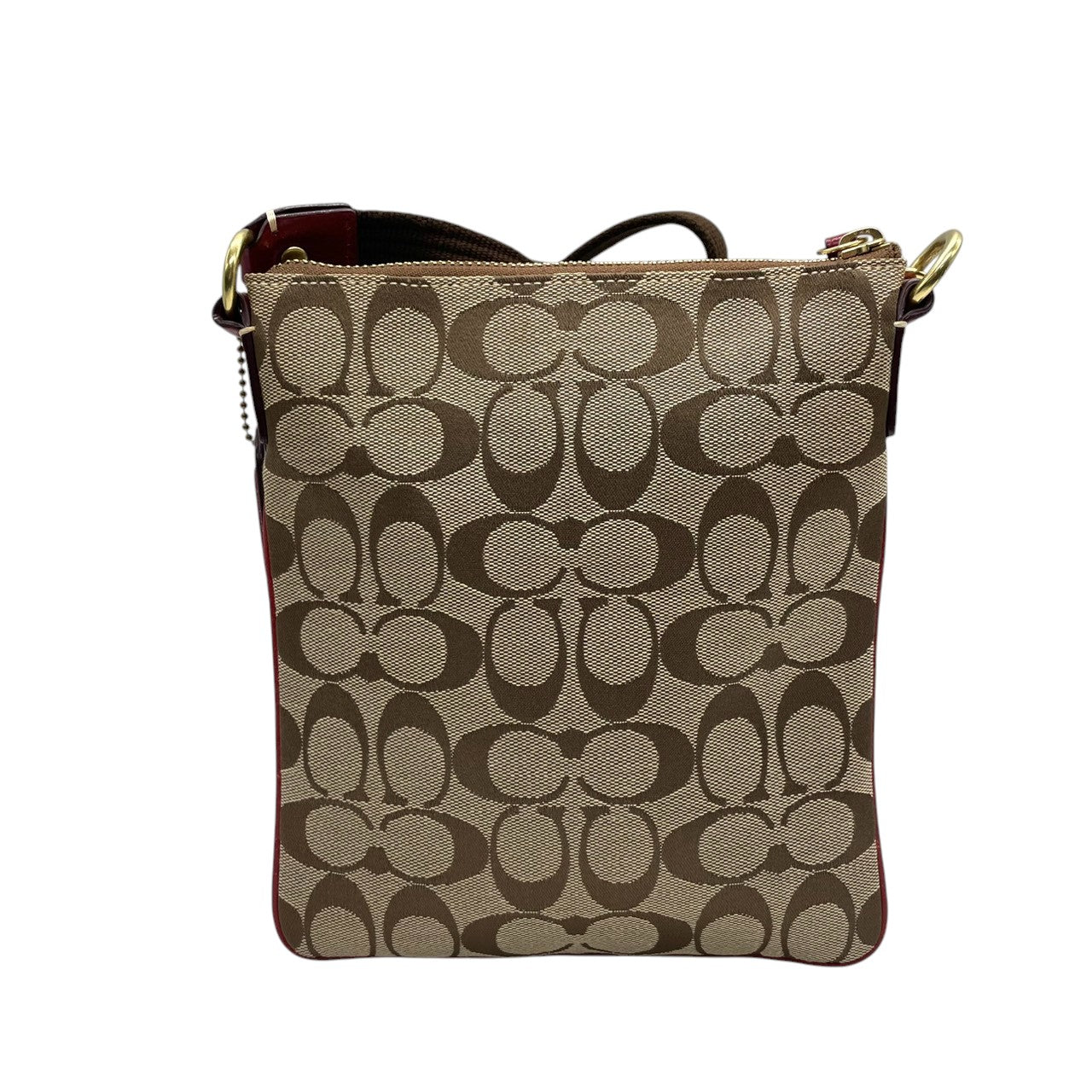 【美品】コーチ COACH クリスティン シグネチャー スウィングパック ショルダーバッグ 斜め掛け ポシェット キャンバス レザー ブラウン レッド 赤 ターンロック 軽量 薄型 旅行 サブバッグ レディース 鞄 カバン E5