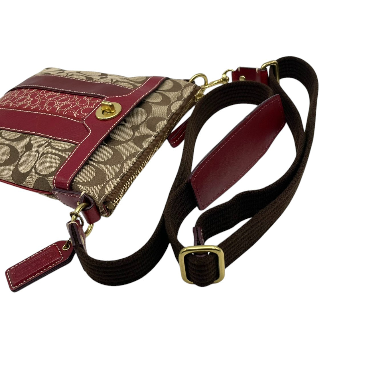 【美品】コーチ COACH クリスティン シグネチャー スウィングパック ショルダーバッグ 斜め掛け ポシェット キャンバス レザー ブラウン レッド 赤 ターンロック 軽量 薄型 旅行 サブバッグ レディース 鞄 カバン E5