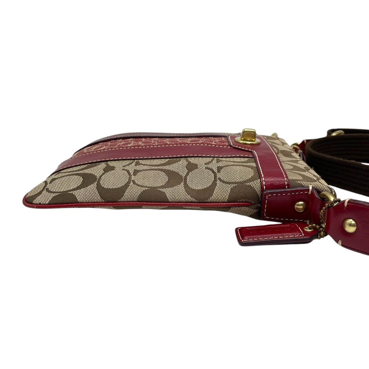 【美品】コーチ COACH クリスティン シグネチャー スウィングパック ショルダーバッグ 斜め掛け ポシェット キャンバス レザー ブラウン レッド 赤 ターンロック 軽量 薄型 旅行 サブバッグ レディース 鞄 カバン E5