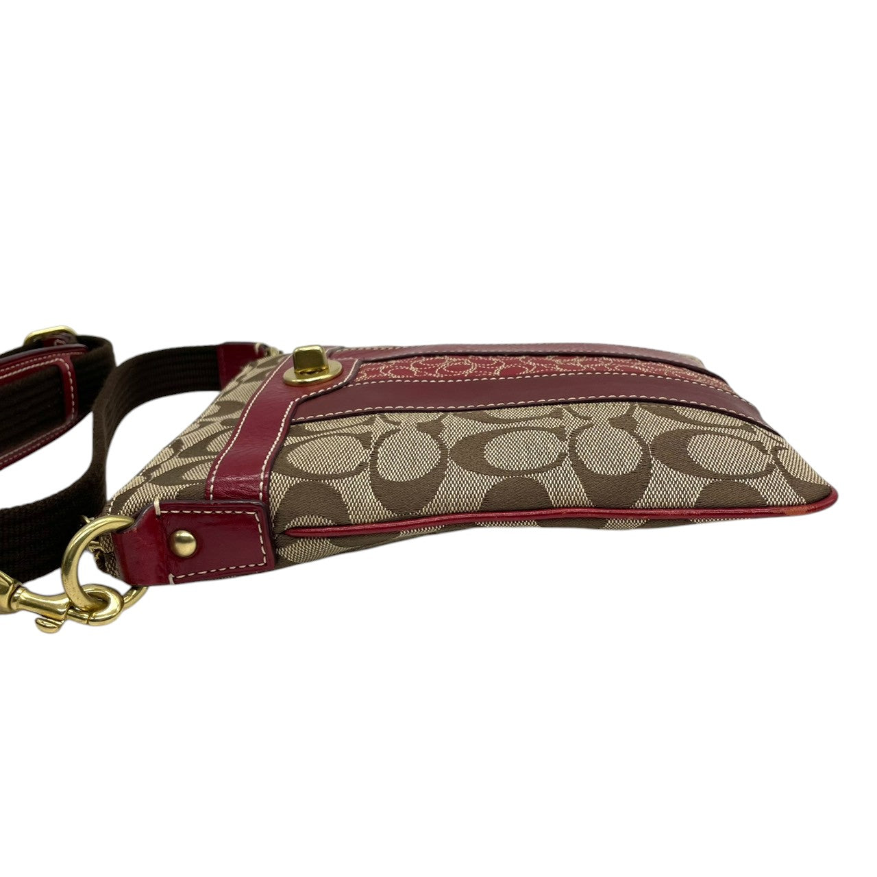 【美品】コーチ COACH クリスティン シグネチャー スウィングパック ショルダーバッグ 斜め掛け ポシェット キャンバス レザー ブラウン レッド 赤 ターンロック 軽量 薄型 旅行 サブバッグ レディース 鞄 カバン E5