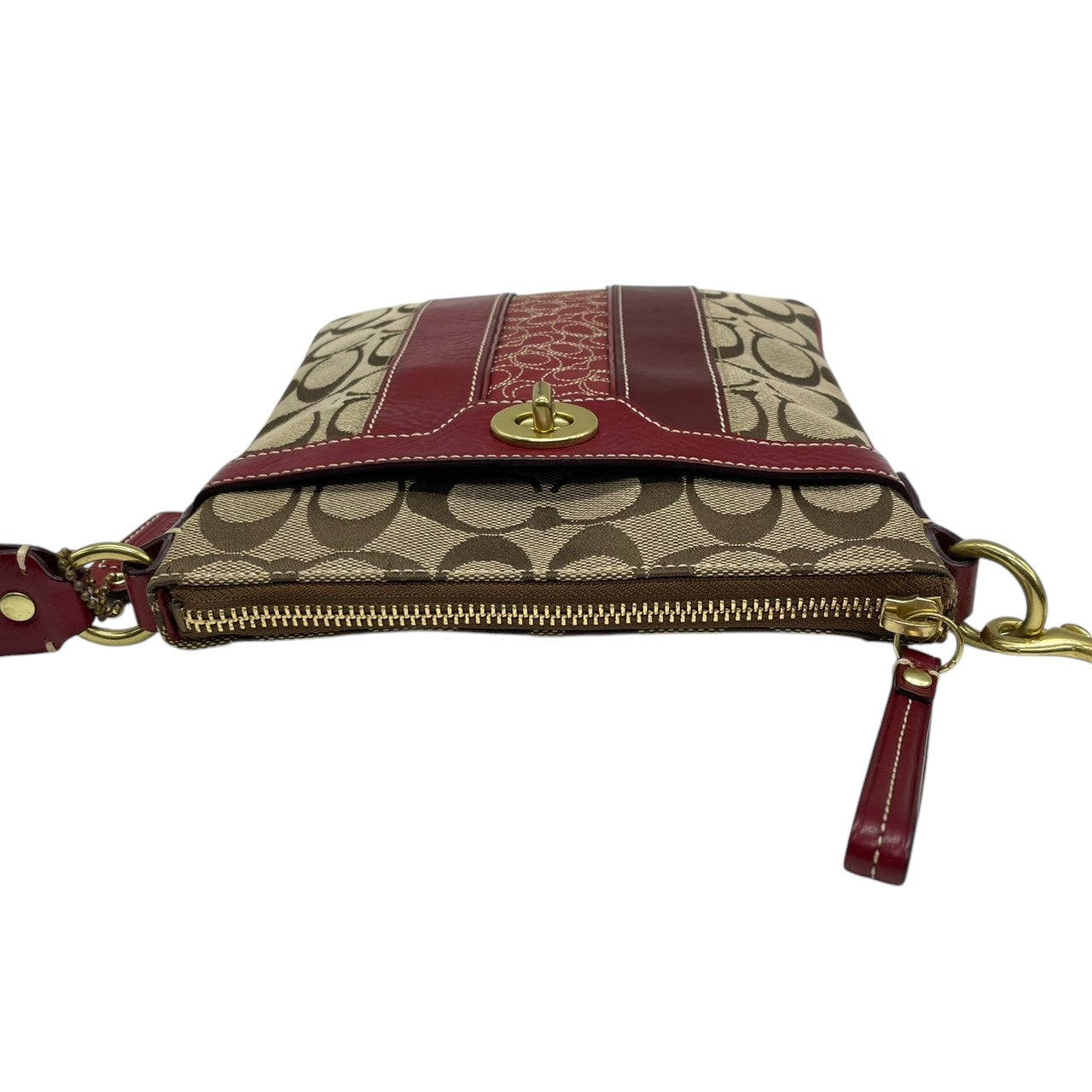【美品】コーチ COACH クリスティン シグネチャー スウィングパック ショルダーバッグ 斜め掛け ポシェット キャンバス レザー ブラウン レッド 赤 ターンロック 軽量 薄型 旅行 サブバッグ レディース 鞄 カバン E5