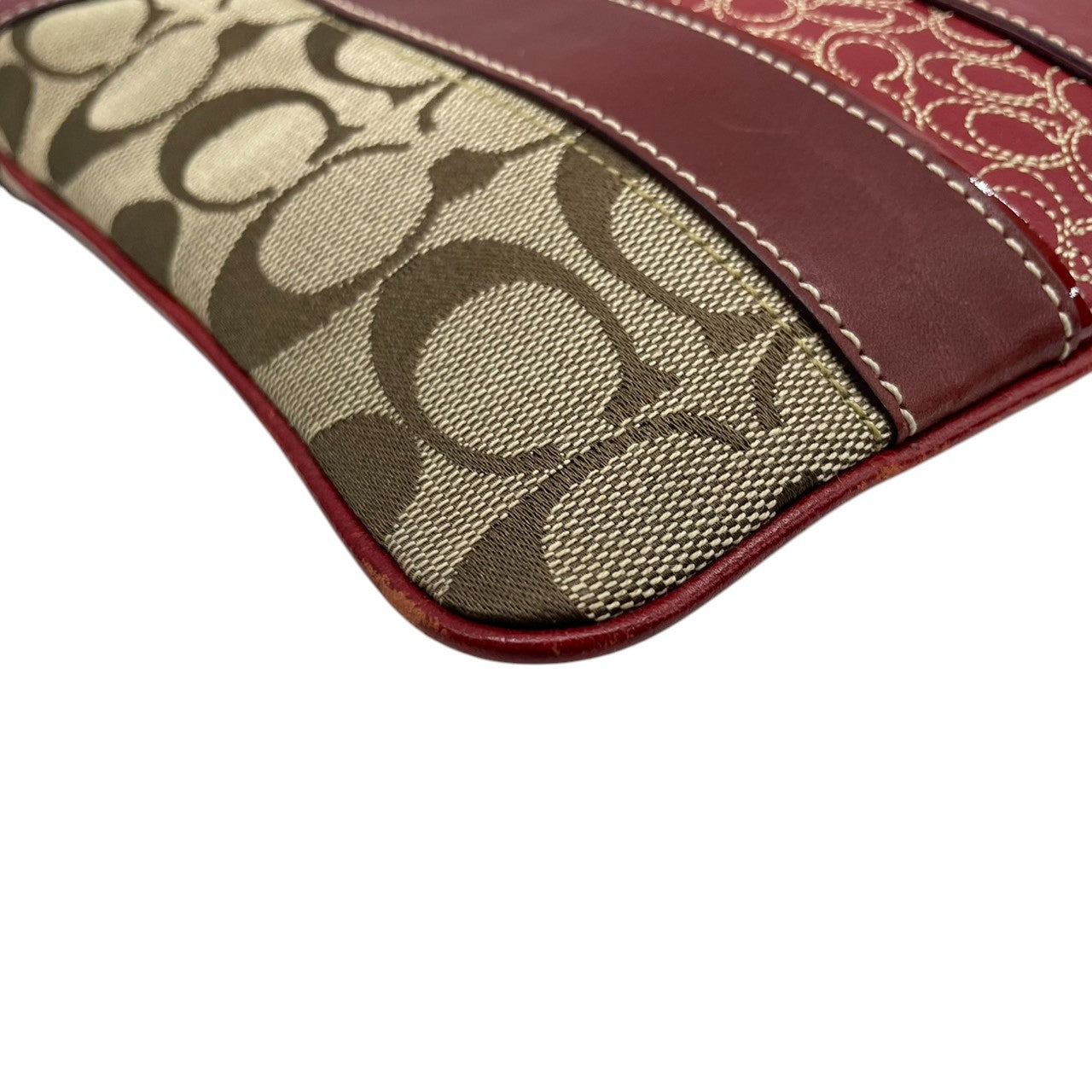 【美品】コーチ COACH クリスティン シグネチャー スウィングパック ショルダーバッグ 斜め掛け ポシェット キャンバス レザー ブラウン レッド 赤 ターンロック 軽量 薄型 旅行 サブバッグ レディース 鞄 カバン E5