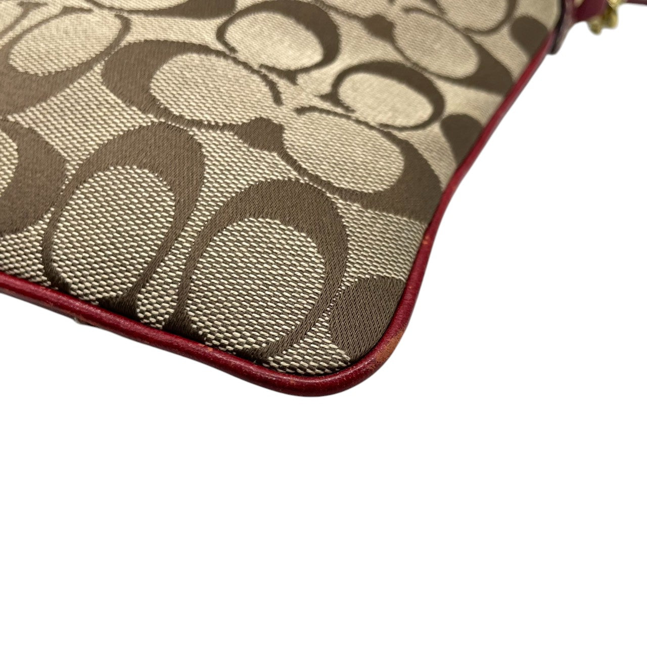 【美品】コーチ COACH クリスティン シグネチャー スウィングパック ショルダーバッグ 斜め掛け ポシェット キャンバス レザー ブラウン レッド 赤 ターンロック 軽量 薄型 旅行 サブバッグ レディース 鞄 カバン E5