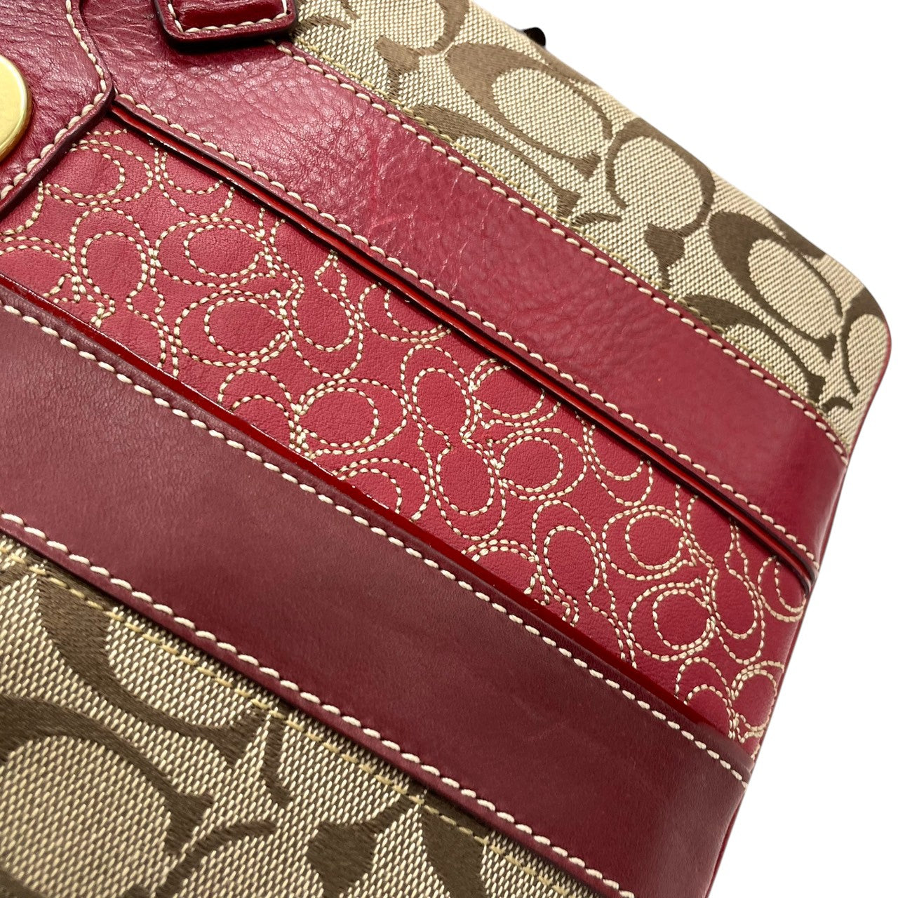 【美品】コーチ COACH クリスティン シグネチャー スウィングパック ショルダーバッグ 斜め掛け ポシェット キャンバス レザー ブラウン レッド 赤 ターンロック 軽量 薄型 旅行 サブバッグ レディース 鞄 カバン E5