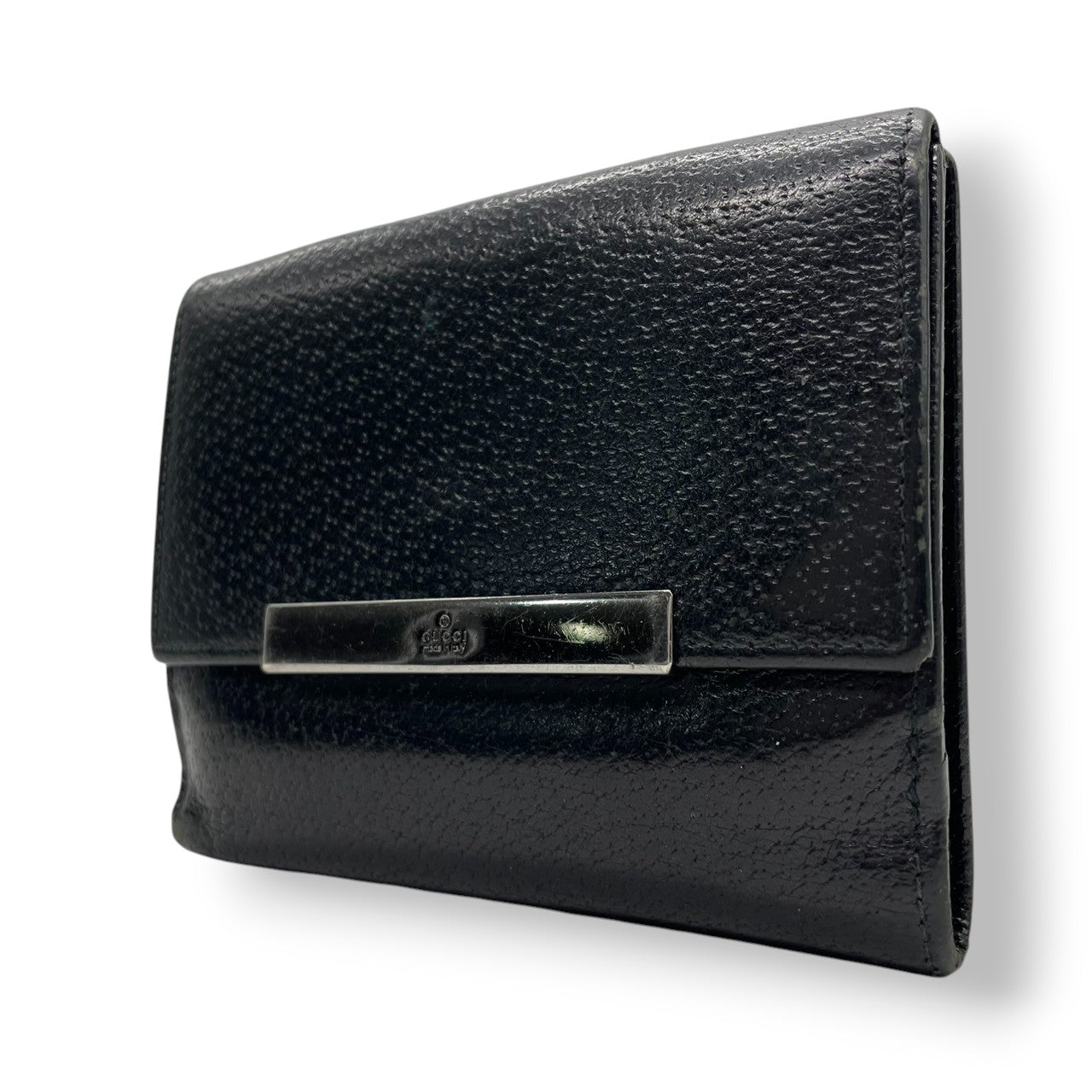 【良品】グッチ GUCCI 二つ折り財布 コンパクトウォレット レザー 本革 ブラック 黒 シルバー金具 ロゴプレート バープレート シンプル メンズ レディース ユニセックス ヴィンテージ ビンテージ オールドグッチ ビジネス 普段使い w1
