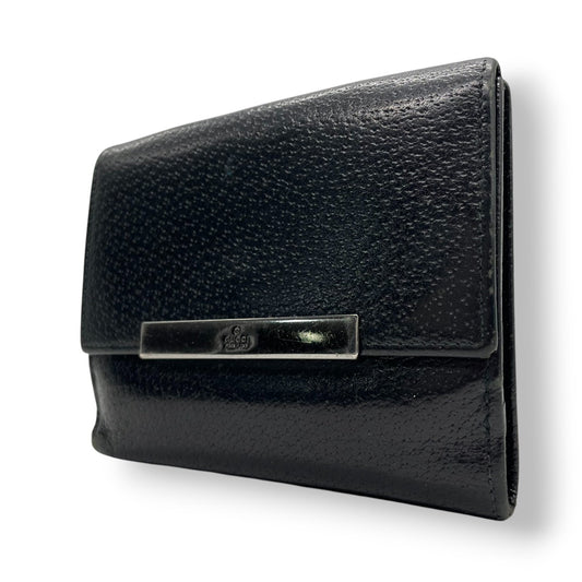 【良品】グッチ GUCCI 二つ折り財布 コンパクトウォレット レザー 本革 ブラック 黒 シルバー金具 ロゴプレート バープレート シンプル メンズ レディース ユニセックス ヴィンテージ ビンテージ オールドグッチ ビジネス 普段使い w1