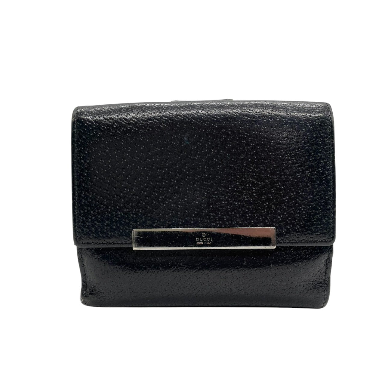 【良品】グッチ GUCCI 二つ折り財布 コンパクトウォレット レザー 本革 ブラック 黒 シルバー金具 ロゴプレート バープレート シンプル メンズ レディース ユニセックス ヴィンテージ ビンテージ オールドグッチ ビジネス 普段使い w1