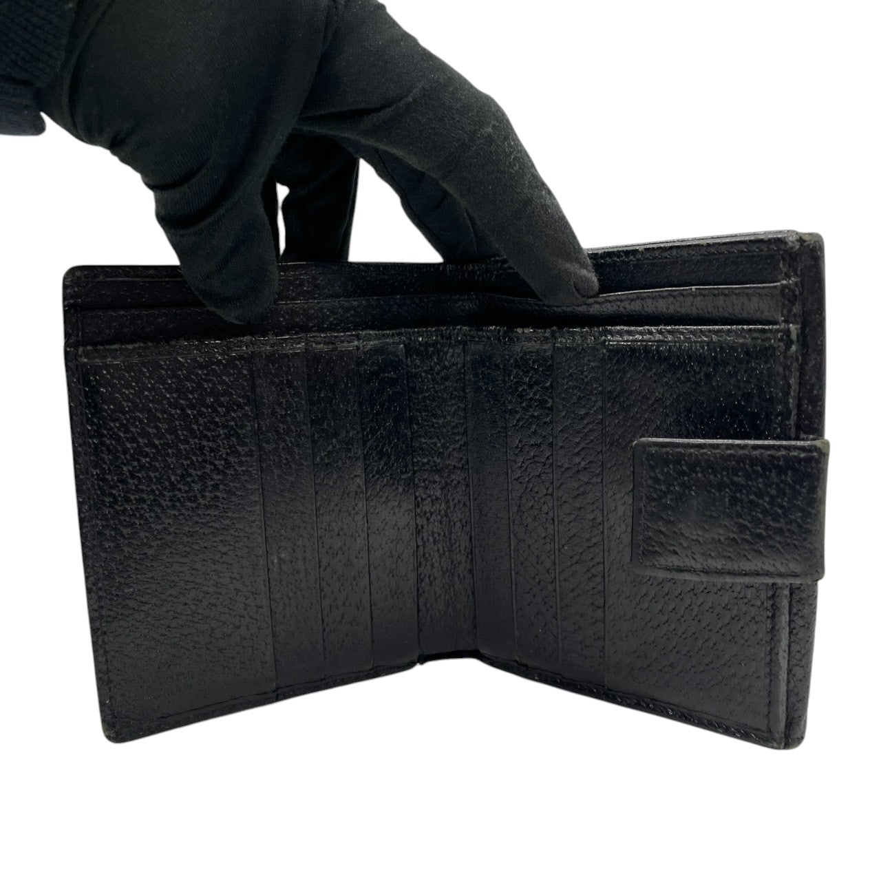 【良品】グッチ GUCCI 二つ折り財布 コンパクトウォレット レザー 本革 ブラック 黒 シルバー金具 ロゴプレート バープレート シンプル メンズ レディース ユニセックス ヴィンテージ ビンテージ オールドグッチ ビジネス 普段使い w1