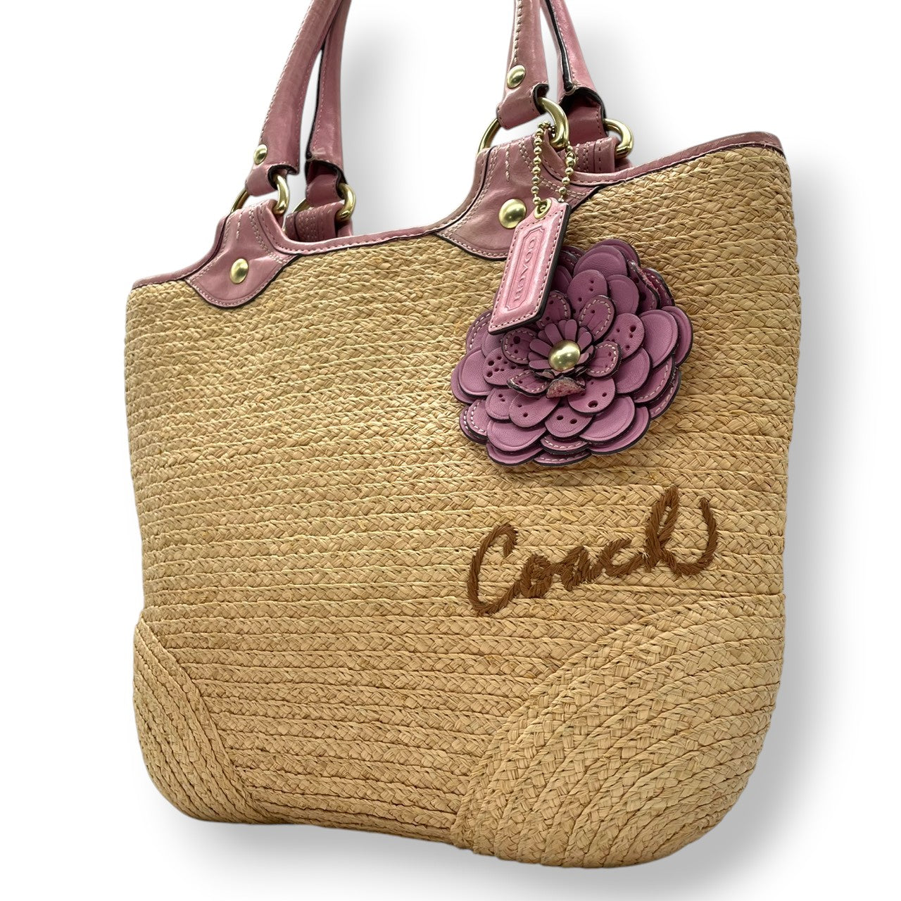 【良品】コーチ COACH カゴバッグ ストローバッグ トートバッグ 肩掛け ティーローズ フラワー チャーム ベージュ ピンク レザー スタッズ 13373 春夏 リゾート ガーリー レディース 鞄 カバン 軽量 大容量 s59