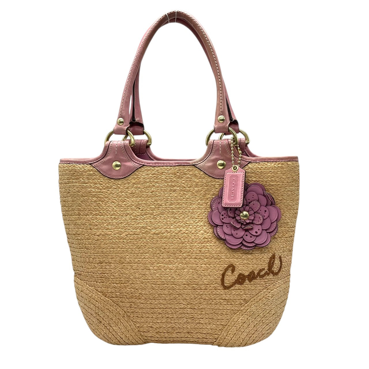 【良品】コーチ COACH カゴバッグ ストローバッグ トートバッグ 肩掛け ティーローズ フラワー チャーム ベージュ ピンク レザー スタッズ 13373 春夏 リゾート ガーリー レディース 鞄 カバン 軽量 大容量 s59