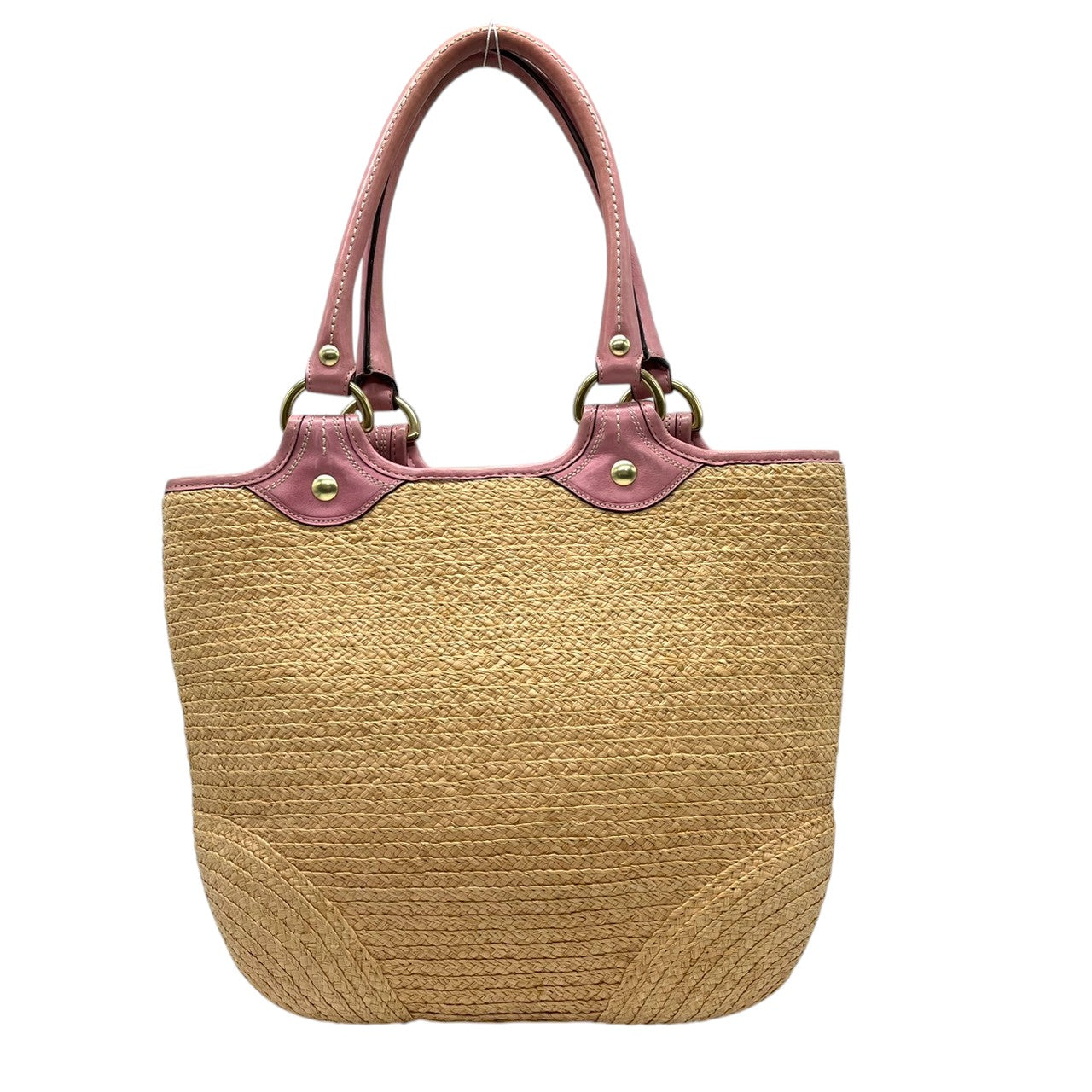 【良品】コーチ COACH カゴバッグ ストローバッグ トートバッグ 肩掛け ティーローズ フラワー チャーム ベージュ ピンク レザー スタッズ 13373 春夏 リゾート ガーリー レディース 鞄 カバン 軽量 大容量 s59