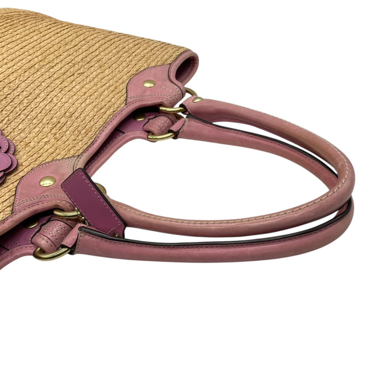 【良品】コーチ COACH カゴバッグ ストローバッグ トートバッグ 肩掛け ティーローズ フラワー チャーム ベージュ ピンク レザー スタッズ 13373 春夏 リゾート ガーリー レディース 鞄 カバン 軽量 大容量 s59