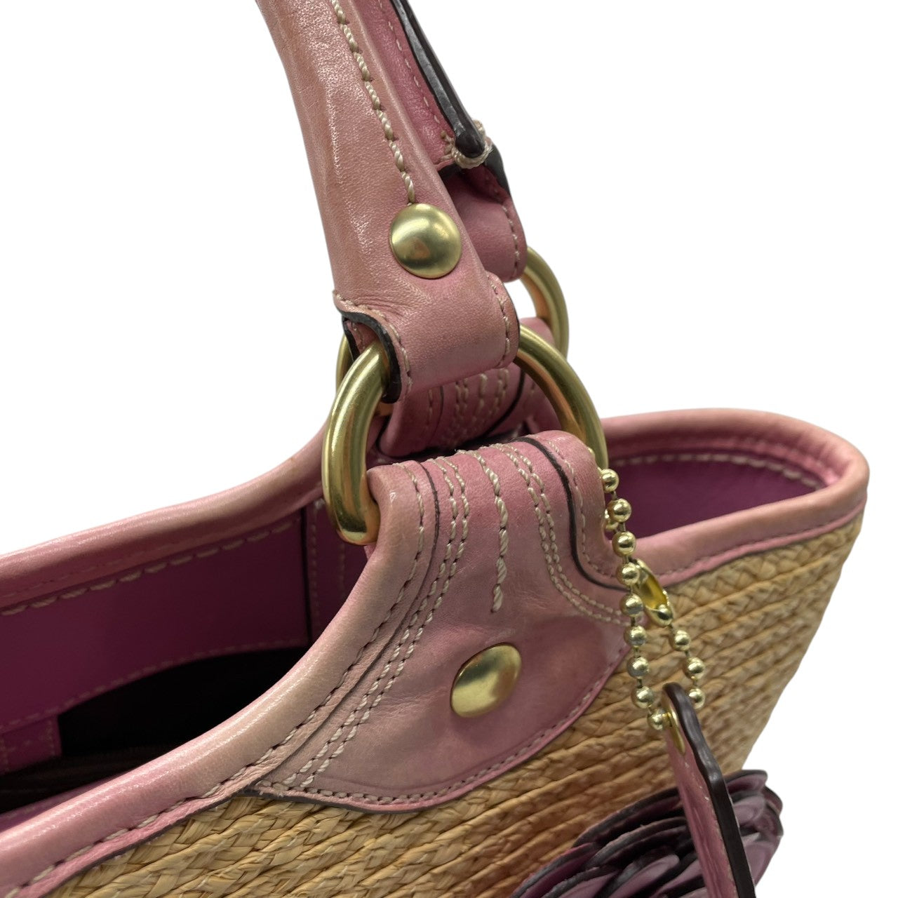 【良品】コーチ COACH カゴバッグ ストローバッグ トートバッグ 肩掛け ティーローズ フラワー チャーム ベージュ ピンク レザー スタッズ 13373 春夏 リゾート ガーリー レディース 鞄 カバン 軽量 大容量 s59
