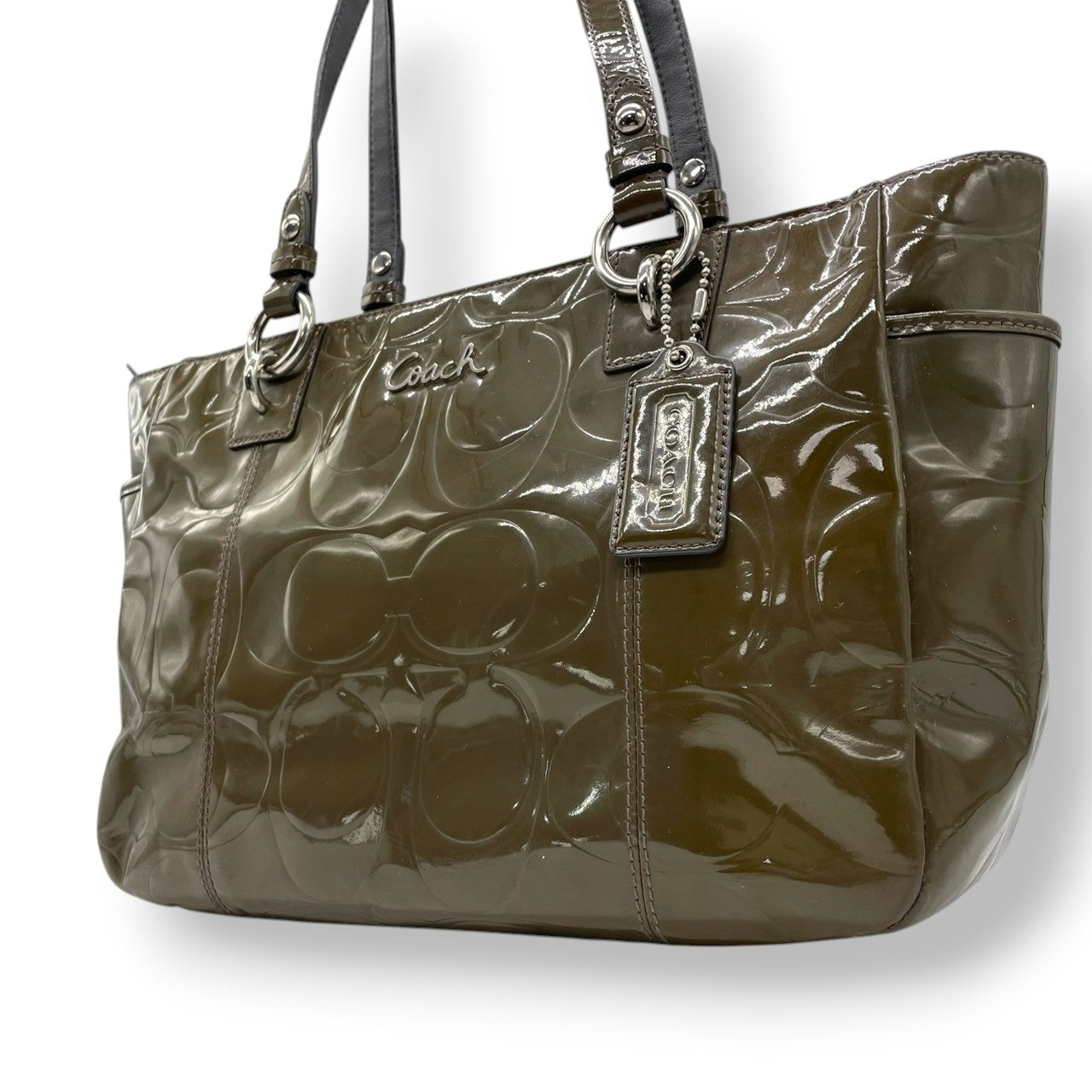 【良品】コーチ COACH ギャラリー パテントレザー トートバッグ ショルダーバッグ 肩掛け シグネチャー エンボス カーキ オリーブ グリーン 17728 メタリック エナメル A4収納可 大容量 カジュアル レディース 鞄 カバン s60