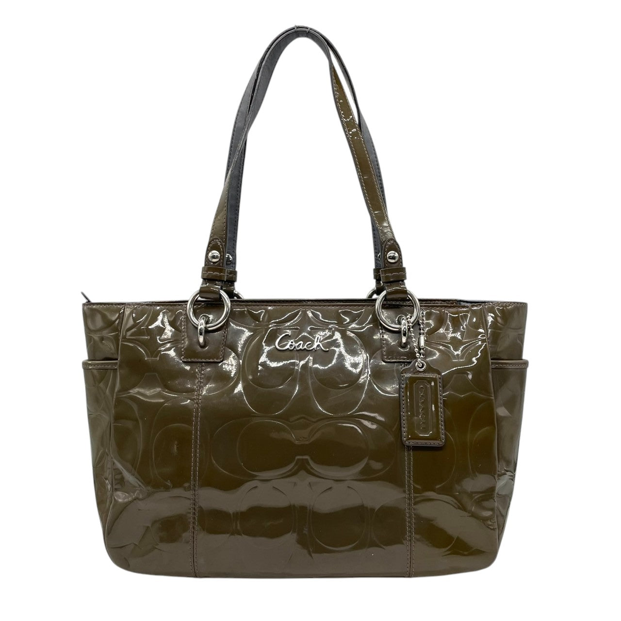 【良品】コーチ COACH ギャラリー パテントレザー トートバッグ ショルダーバッグ 肩掛け シグネチャー エンボス カーキ オリーブ グリーン 17728 メタリック エナメル A4収納可 大容量 カジュアル レディース 鞄 カバン s60