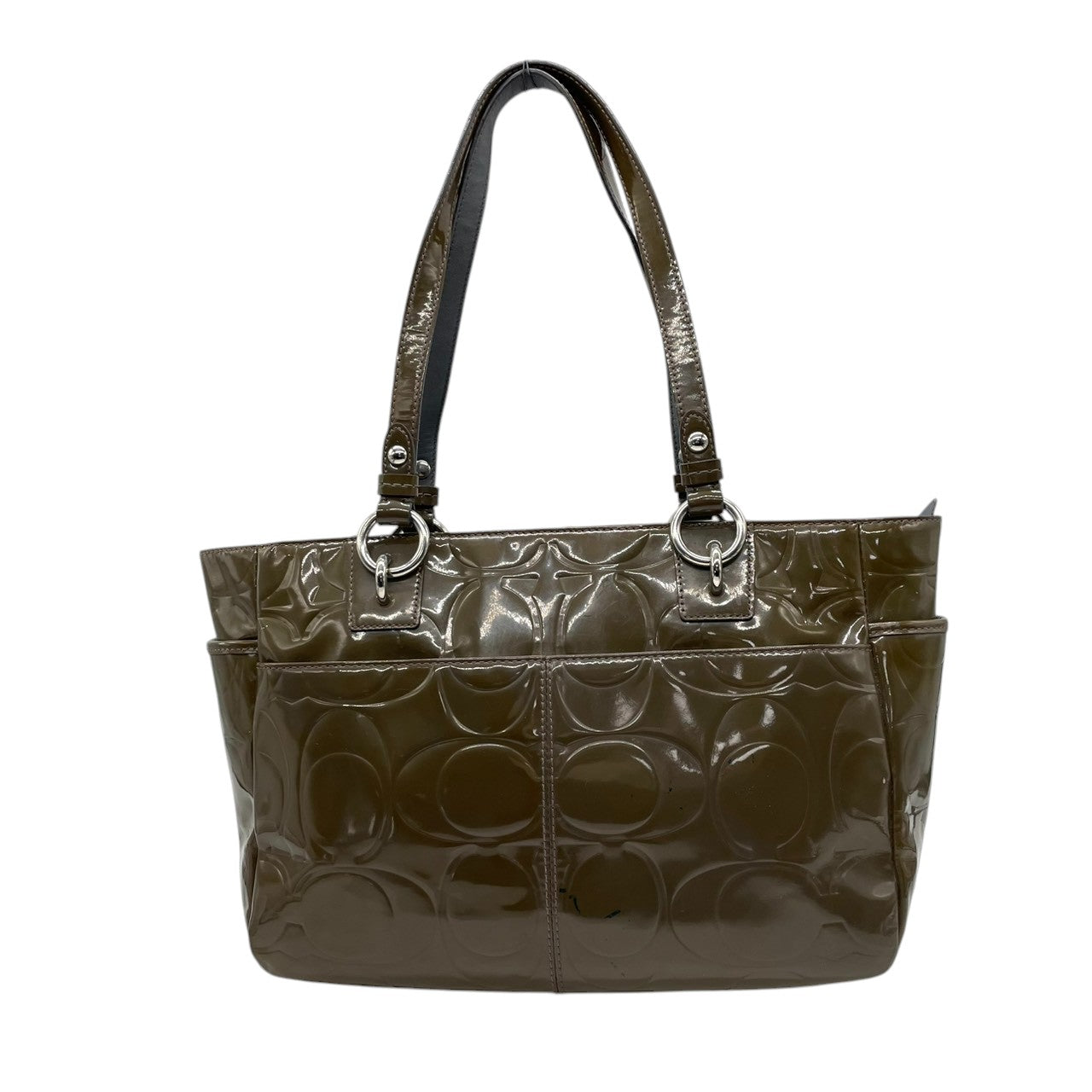 【良品】コーチ COACH ギャラリー パテントレザー トートバッグ ショルダーバッグ 肩掛け シグネチャー エンボス カーキ オリーブ グリーン 17728 メタリック エナメル A4収納可 大容量 カジュアル レディース 鞄 カバン s60