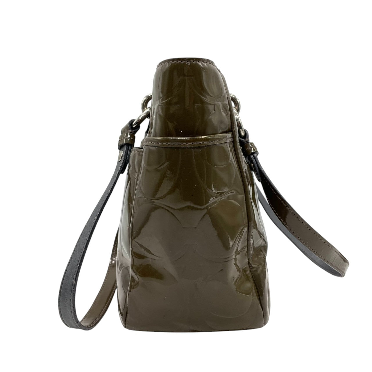 【良品】コーチ COACH ギャラリー パテントレザー トートバッグ ショルダーバッグ 肩掛け シグネチャー エンボス カーキ オリーブ グリーン 17728 メタリック エナメル A4収納可 大容量 カジュアル レディース 鞄 カバン s60