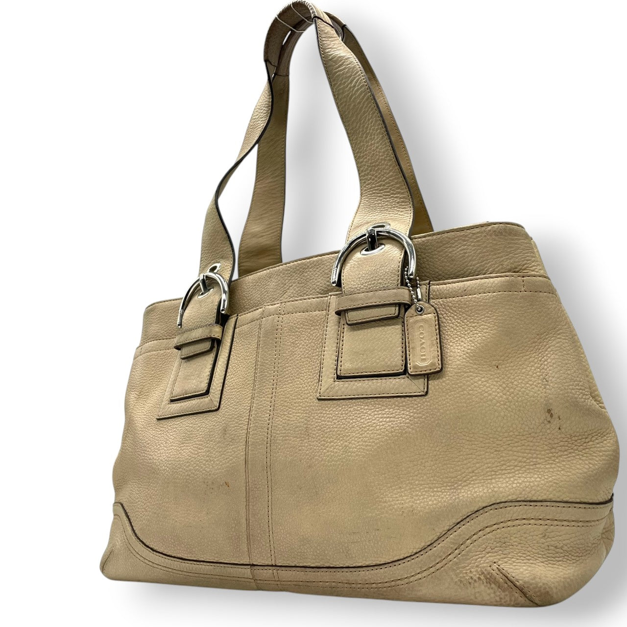【良品】コーチ COACH ハンプトンズ ウィークエンド レザートートバッグ ショルダーバッグ 肩掛け ベージュ アイボリー 本革 10912 ギャザー ベルトデザイン A4収納可 大容量 通勤 通学 ビジネス レディース 鞄 カバン s60