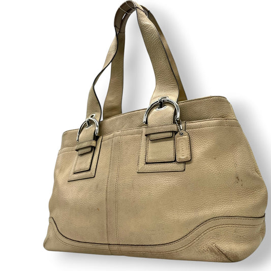 【良品】コーチ COACH ハンプトンズ ウィークエンド レザートートバッグ ショルダーバッグ 肩掛け ベージュ アイボリー 本革 10912 ギャザー ベルトデザイン A4収納可 大容量 通勤 通学 ビジネス レディース 鞄 カバン s60