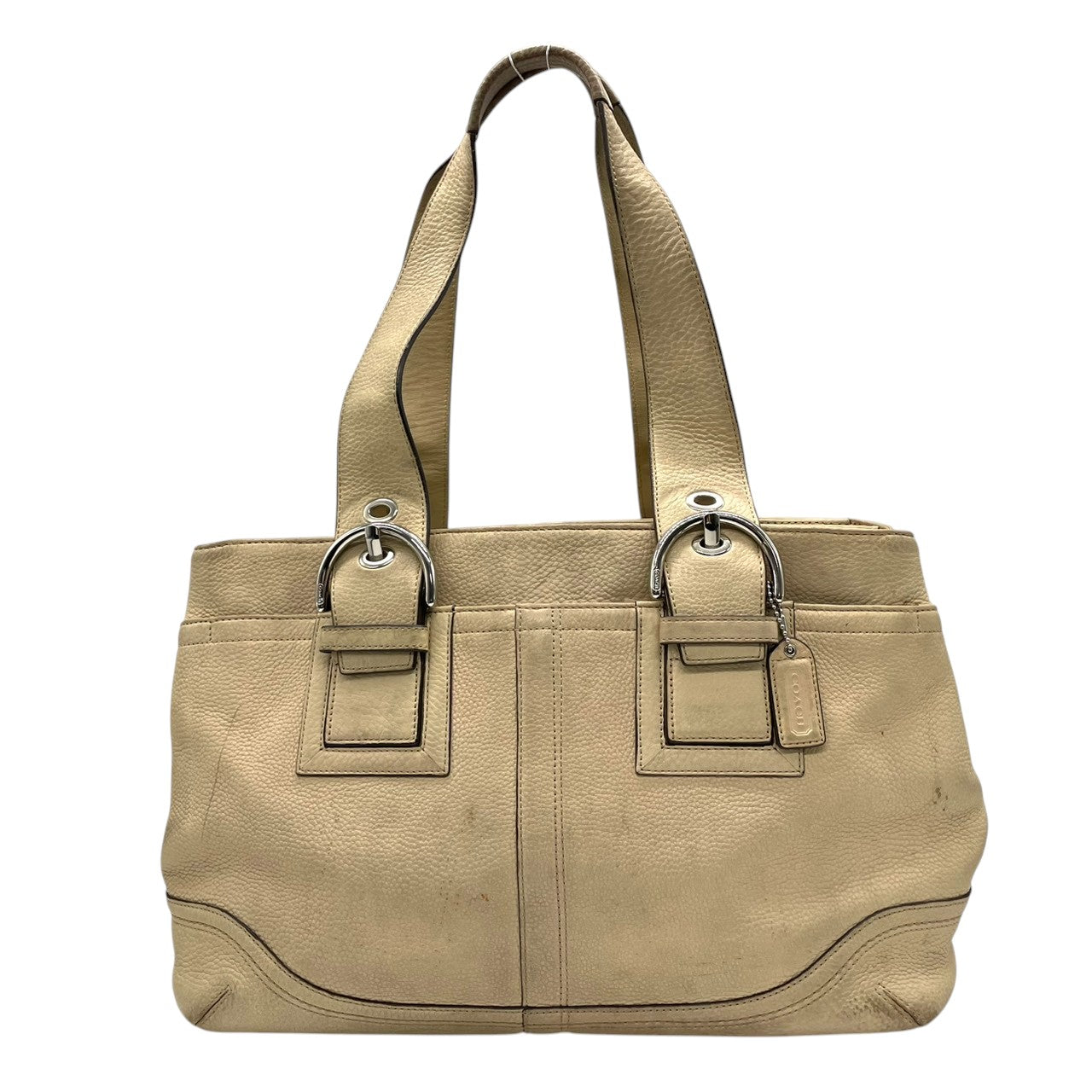 【良品】コーチ COACH ハンプトンズ ウィークエンド レザートートバッグ ショルダーバッグ 肩掛け ベージュ アイボリー 本革 10912 ギャザー ベルトデザイン A4収納可 大容量 通勤 通学 ビジネス レディース 鞄 カバン s60