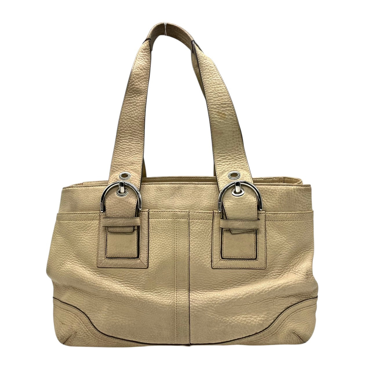 【良品】コーチ COACH ハンプトンズ ウィークエンド レザートートバッグ ショルダーバッグ 肩掛け ベージュ アイボリー 本革 10912 ギャザー ベルトデザイン A4収納可 大容量 通勤 通学 ビジネス レディース 鞄 カバン s60