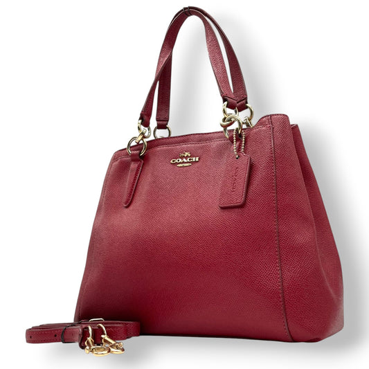 【良品】コーチ COACH 2WAY トートバッグ ハンドバッグ ショルダーバッグ 斜め掛け レザー 本革 シボ革 レッド 赤 ボルドー ゴールド金具 F57847 コンパクト レディース 鞄 カバン サッチェル s60