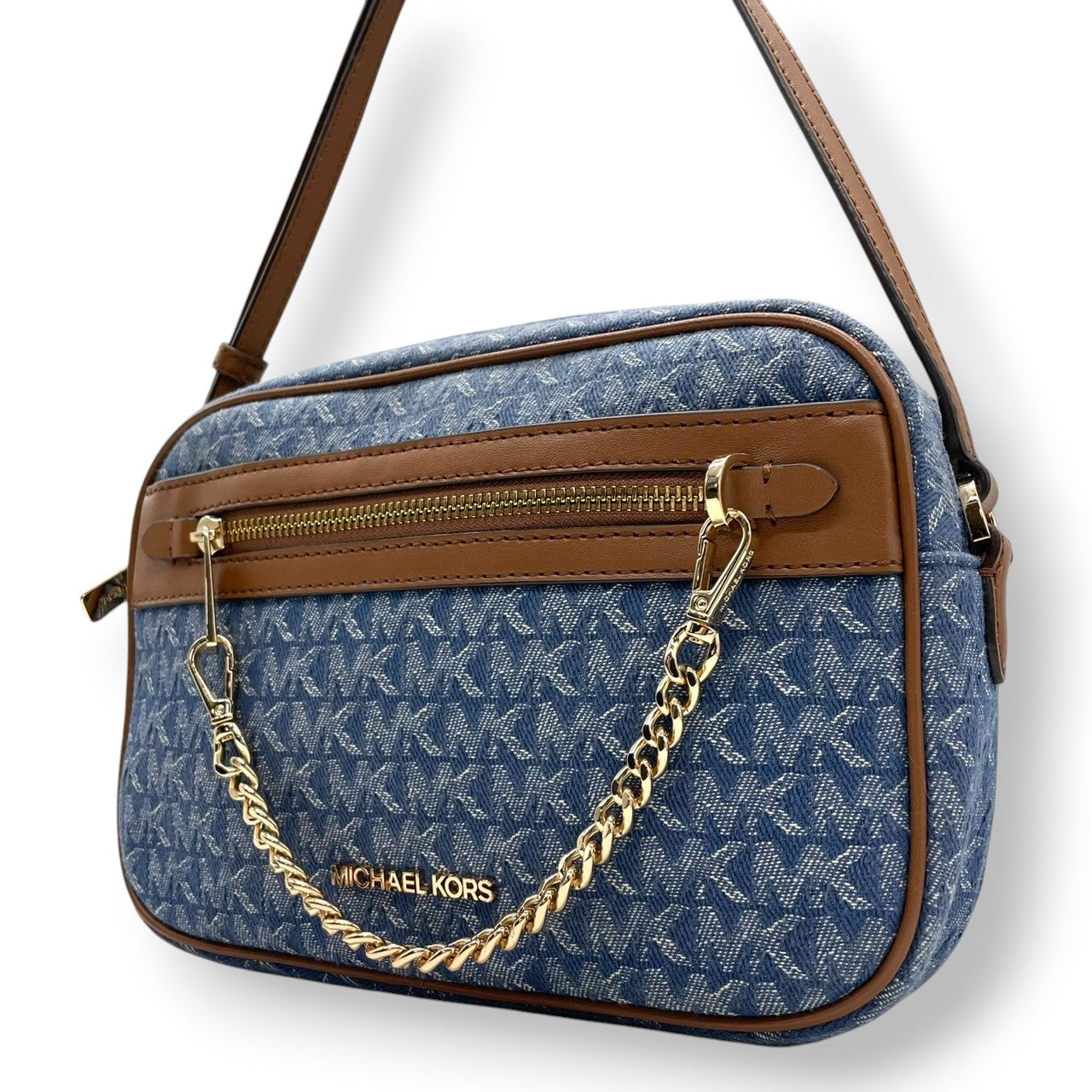 【美品】マイケルコース Michael Kors ショルダーバッグ 斜め掛け ポシェット カメラバッグ デニム調 キャンバス レザー ブルー インディゴ ブラウン 茶色 MKロゴ 総柄 ゴールド金具 チェーン 軽量 コンパクト レディース 鞄 カバン s68