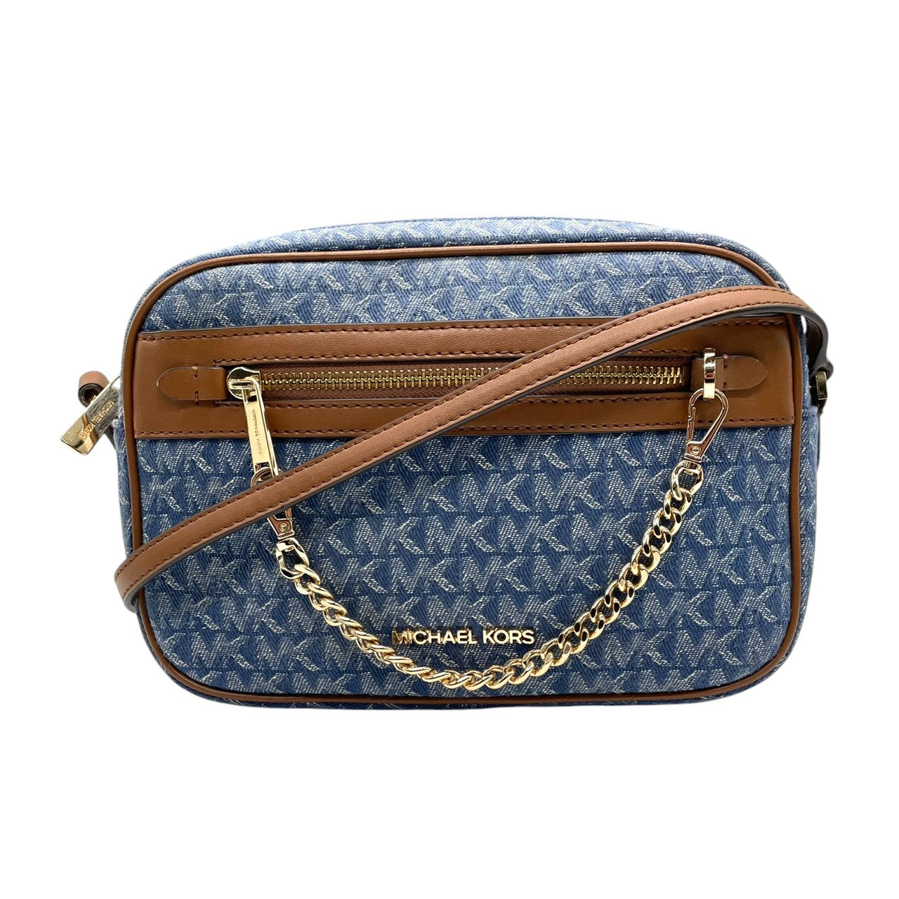 【美品】マイケルコース Michael Kors ショルダーバッグ 斜め掛け ポシェット カメラバッグ デニム調 キャンバス レザー ブルー インディゴ ブラウン 茶色 MKロゴ 総柄 ゴールド金具 チェーン 軽量 コンパクト レディース 鞄 カバン s68