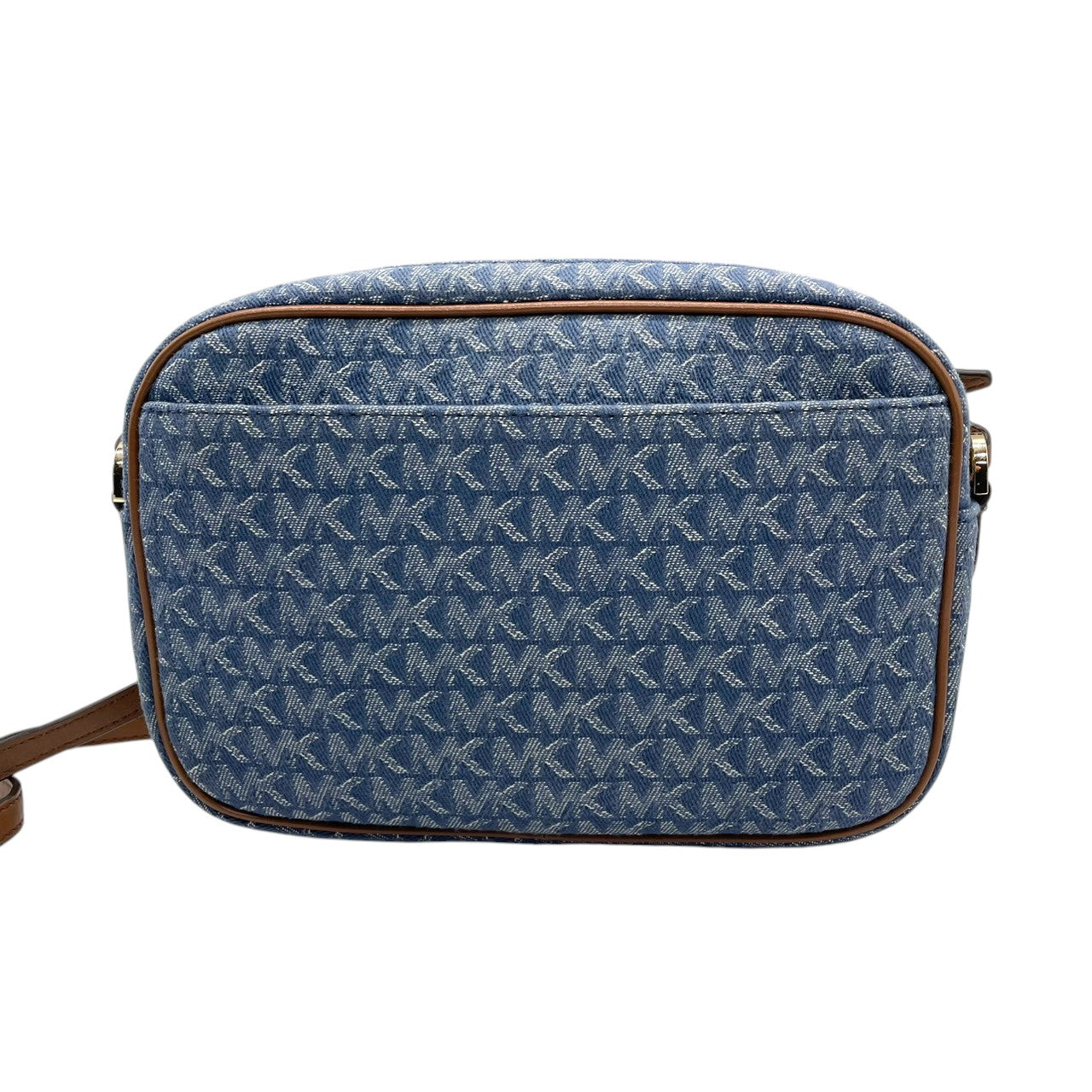 【美品】マイケルコース Michael Kors ショルダーバッグ 斜め掛け ポシェット カメラバッグ デニム調 キャンバス レザー ブルー インディゴ ブラウン 茶色 MKロゴ 総柄 ゴールド金具 チェーン 軽量 コンパクト レディース 鞄 カバン s68