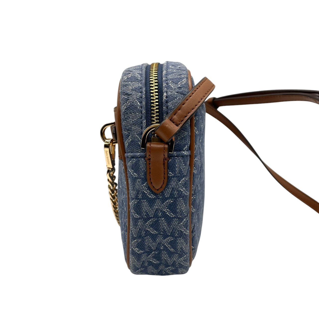 【美品】マイケルコース Michael Kors ショルダーバッグ 斜め掛け ポシェット カメラバッグ デニム調 キャンバス レザー ブルー インディゴ ブラウン 茶色 MKロゴ 総柄 ゴールド金具 チェーン 軽量 コンパクト レディース 鞄 カバン s68
